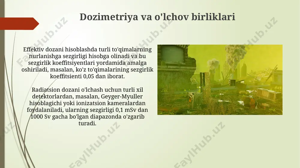 , rentgen nurlari, gamma nurlari va alfa zarralari. ularning ionlashtiruvchi qobiliyati va energiyasi farq qiladi. ekologik muammolar va nurlanish radioaktiv ifloslanish tufayli 1000 ga yaqin o'simlik va hayvon turlari yo'qolib ketish xavfi ostida, bu esa butun ekologik tizimlarning barqarorligiga tahdid soladi. chernobil aesdagi portlashdan keyin 30 km radiusdagi hudud 30 yildan ortiq vaqt davomida yashashga yaroqsiz bo'lib qoldi, bu yerda tuproq va suvning yuqori darajada radioaktiv ifloslanishi kuzatildi. tibbiyotda radioaktiv nurlanish qo'llanilishi radioaktiv izotoplar, masalan, tc-99m, organizmda to'planishi va gamma-kamera yordamida kuzatilishi orqali yurak-qon tomir tizimi kasalliklarini diagnostikasida keng qo'llaniladi, bu jarayon taxminan 30 minut davom etadi. yadro tibbiyotida diagnostika maqsadida taxminan 10 mci miqdorida i-131 izotopi qalqonsimon bez kasalliklarini aniqlash va davolashda ishlatiladi, bu esa yuqori aniqlikdagi tasvirlarni olish imkonini beradi. e'tiboringiz uchun rahmat @taqdimot_robot image1.jpg image2.jpg image3.jpg image4.jpg image5.jpg image6.jpg image7.jpg image8.jpg image9.jpg image10.jpg image11.jpg