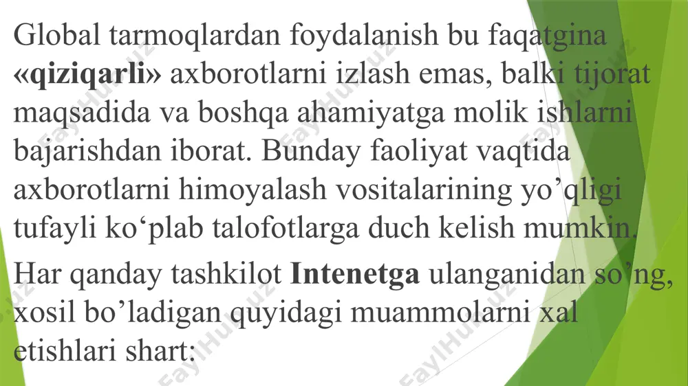 qsadida hozirgi kunda web- serverlar kirish xuquqini foydalanuvchi cheklash. tizim administratori tomonidan kompyuterning u yoki bu ip – adresli sahifalariga kirish xuquqini cheklash, bunday xuquqlarni faqat ma’lum kompyuterlar va ma’lum foydalanuvchilar uchungina berish yo‘li bilan xavfsizlik muammolari xal etilmoqda. axborot xavfsizligi deganda tabiiy yoki sun’iy xarakterdagi tasodifiy yoki qasddan qilingan ta’sirlardan axborot va uni qo‘llab-quvvatlab turuvchi infrastukturaning ximoyalanganligi tushuniladi. o‘z – o‘zidan ma’lumki tarmoqdan bo‘ladigan har qanday xatar avvalo serverga duch keladi va imkon boricha server tarafidan bartaraf etiladi. bu xavf va tahdid quyidagilardan iborat bo‘ladi: 1. tarmoqdagi kompyuterlarga ruxsatsiz kirish va uni masofadan turib boshqarish, ularga sizning manfaatingizga zid bo‘lgan programmalarni joylashtirish mumkin; 2. web sahifalarda joylashtirilgan “aktiv ob’ekt” lar agressiv programma kodlari bo‘lib, siz uchun xavfli “virus” yoki josus programma vazifasini o‘tashi mumkin. 3. internetda uzatilayotgan ma’lumotlar yo‘l-yo‘lakay aloqa kanallari yoki tarmoq tugunlarida tutib olinishi, ulardan nusxa ko‘chirilishi, almashtirilishi mumkin. 4. davlat muassasa, korxona (firma) faoliyati, moliyaviy ahvoli …