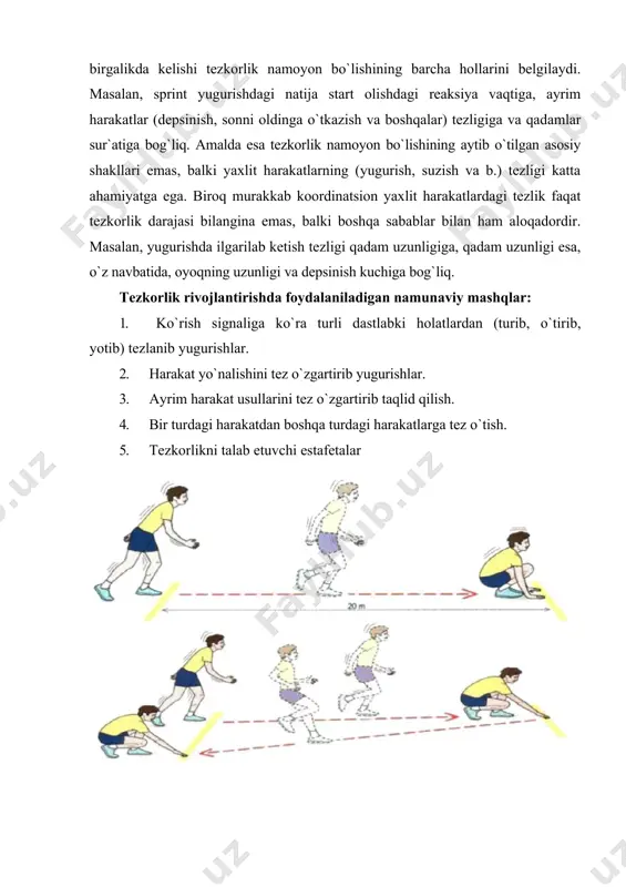 lovchi kuch). qisqa vaqt ichida katta miqdordagi kuchning namoyon qilinishi tushuniladi. qarshiligi oshirilgan mashqlar kuchni rivojlantirishda asosiy vosita bo`lib hisoblanadi. bu vositalar ikki guruhga bo`linadi. 1. tashqi qarshiliklarni engish bilan bajariladigan mashqlar. odatda, tashqi qarshilik sifatida quyidagilardan foydalaniladi: buyumlarning og`irligi; sherikning qarshiligi; elastik buyumlarning qarshiligi; tashqi muhit qarshiligi; 2. o`z vazni og`irligini engib bajariladigan mashqlar. og`irlik ko`tarib bajariladigan mashqlar juda qulay bo`lib, ular yordamida ham kichik, ham katta mushak guruhlariga ta`sir ko`rsatish mumkin. bu mashqlarni me`yorlash ham oson. og`irlik ko`tarib bajariladigan mashqlarda dastlabki holat etakchi rolni o`ynaganligi sababli, bunga alohida e`tibor qaratish zarur bo`ladi. cho`ziluvchan va elastik buyumlar (prujinali espanderlar, rezinka) bilan bajariladigan mashqlarda harakatning oxiriga borib zo`riqishning ortib borishi xarakterlidir. o`z gavda og`irligini engish mashqlari, odatda, osilish va tayanish holatlarida amalga oshiriladi. kuch mashqlarining yuqorida keltirilgan tasnifi bilan bir qatorda, ularning saralab ta`sir etish darajasiga (umumiy va nisbatan ma`lum bir joyga ta`sir etishiga) ko`ra, shuningdek, mushaklarning ishlash rejimiga ko`ra, …