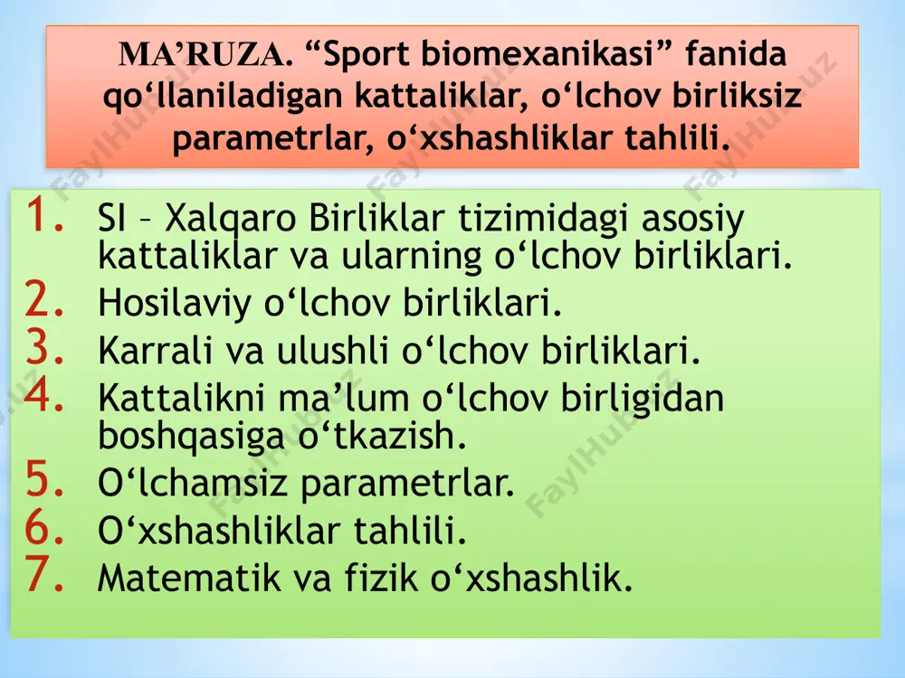 tik harakatlarni 35 xarakterlaydigan parametrlar singari muhim parametrlar hamda trenirovka jarayonidagi parametrlarni o’rganishga jiddiy ta’sir etadigan quyidagi sharoitlar: atmosfera, suv, tuproq, bino, tabiatning tabiiy kuchlari ancha kam foydalaniladi. sport tibbiyotida, trenirovka jarayonida va sport faoliyati bo’yicha ilmiy izlanishlarda quyidagi asosiy parametrlar o’lchanadi va nazorat qilinadi: • trenirovka yuklamasi va tiklanishning fiziologik («ichki»), fizikaviy («tashqi») va psixologik parametrlari; • kuch, tezkorlik, chidamlilik, egiluvchanlik va chaqqonlik sifatlarini xarakterlaydigan parametrlar; • inson organizmi yurak - qon tomir va nafas olish tizimlarining funktsional parametrlari; • sport texnikasining biomexanik parametrlari; • tana o’lchamlarining chiziqli va aylanma parametrlari. ushbu parametrlarni tadqiq qilish va nazorat ostiga olish uchun quyidagi fizik kattaliklarni o’lchashning turli-tuman uslublaridan keng foydalaniladi: • kuch ko’rsatkichlari (bu - gavda harakati tezligi va yo’nalishi o’zgarishlarini vujudga keltiruvchi quyidagi sabablar: o’zaro itarish, deformatsiya, zarba, otish kuchlari va shu singarilar; aylanma harakatdagi momentlar va kuch momentlari: lokomotor va gimnastik mashqlarni bajarish jarayonida tebranish, siltash, burilish, aylanish; sport …