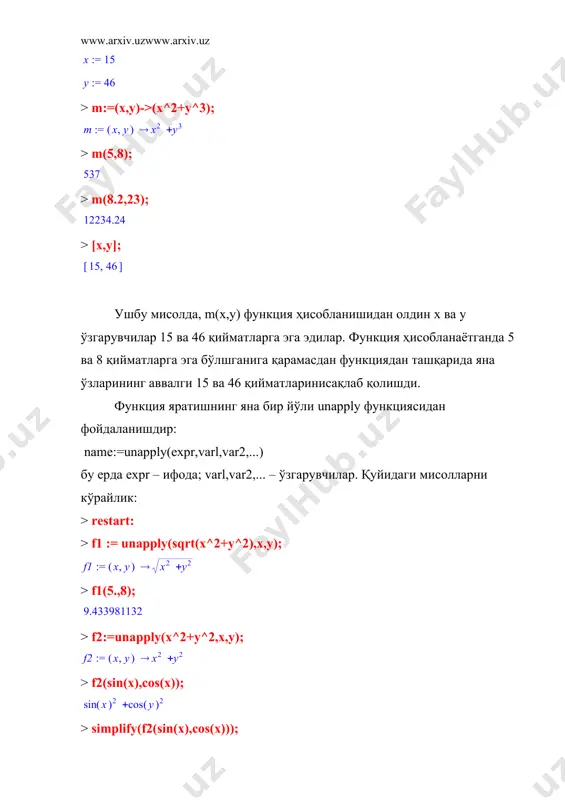 ушбу конструкцияда шартли оператор `if`(шарт, 1-ифода, 2-ифода) кўринишида ишлатилган. агар шарт бажарилса 1-ифода, бажарилмаса 2-ифода бажарилади. бундай шакл компакт бўлганлиги сабабли кўпчилик ҳолларда ишлатилади, масалан ундан қуйида уч хил турдаги сигналларни моделлашда фойдаланилган: >restart:plot(`if`(sin(x)/x>0,sin(x)/x,-sin(x)/x),x=-10..10, color=blue); > restart:plot(`if`(sin(x)>=0,sin(x),-sin(x)),x=-8..8,color=red); > plot(`if`(sin(x)>=0,1,-1),x=-12..12,color=red); for - while цикллари кўпчилик ҳолларда берилган ифодани маoлум шарт бажарилгунча циклик равишда кўп марта бажариш зарур бўлади. maple 7 тизимида цикл оператори қуйидаги кўринишда берилади: | for | |from | |to | |by | (while | do statement sequence> od; бу ерда name — цикл ўзгарувчисининг номи, exprl, ехрr2 и ехрrз — ўзгарувчининг бошлангич, сўнгги ва ўзгариш қадамини берувчи ифодалар, name, ехрr4 — цикл (do ва od сўзлари орасида жойлашган обoектлар тўплами) бажарилишининг шартини ўрнатувчи ифода. агар by блок бўлмаса ўзгарувчи +1га тенг бўлган қадам билан ўзгаради: > for i from 6 by 2 to 10 do print(i) od; қуйидаги мисолда берилган кетма-кетлик навбат билан кўпайтириб чиқилган: > t := …