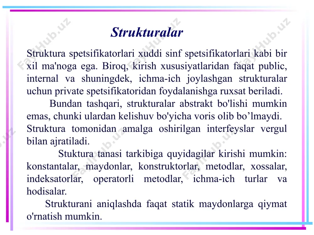 lobal o'zgaruvchilarini) initsalizatsiya qilish kerak. ya'ni, masalan, quyidagi holatda xatolik yuz beradi, chunki maydonlarga va metodlarga murojaat ularga boshlang'ich qiymatlarni berishdan oldin sodir bo'ladi: 9 strukturalar konstruktorlari user ali; int x = ali.age; // xatolik ali.displayinfo(); // xatolik parametrlarsiz konstruktor strukturani yaratish uchun ham foydalanishimiz mumkin, u kelishuv bo'yicha strukturada bo'ladi va chaqirilganda strukturaning maydonlariga kelishuv bo’yicha qiymat beriladi (masalan, sonli turlar uchun bu qiymat 0 ga teng): user ali = new user(); tom.displayinfo(); // name: age: 0 kelishuv bo’yicha konstruktordan foydalanishda struktura maydonlarini oshkor ravishda initsializatsiya qilish shart emas. 10 strukturalar konstruktorlari shuningdek, biz o'zimizning konstruktorlarimizni aniqlay olamiz. masalan, user strukturasini o'zgartiraylik: struct user { public string name; public int age; public user(string name, int age) { this.name = name; this.age = age; } public void displayinfo() { console.writeline($"name: {name} age: {age}"); } } 11 strukturalar konstruktorlari shuni e'tiborga olish kerakki, agar strukturada konstruktor aniqlansa, unda u strukturaning barcha …