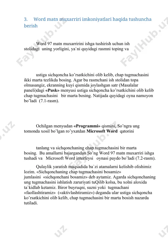 ncha bosilsa, ilova oynasi masalalar paneli qatoriga («pusk» tugmachasi joylashgan qatorga) to’rtburchak shakldagi tugmacha ko’rinishida (darchadek) yig’ib olinadi. sichqonchaning chap tugmachasini «darcha» ustida bir marta bosish oynaning oldingi o’lchovini va joylanishini tiklaydi. ikkinchisi — «razvernut`» (yoyish) tugmachasi. agar uning ustida sichqoncha bosilsa, ilova oynasi butun ekranga (yoki xujjat oynasi butun ilova oynasiga) yoyib tashlanadi. shunga axamiyat berish kerakki, masalalar paneli oyna kattalashgan xolda xam ko’rinib turadi. «razvernut`» piktogrammasi ustida sichqoncha bir marta bosilgandan keyin eski piktogramma urnida yangi, ikkita ustma-ust joylashgan kvadrat shaklidagi piktogramma paydo bo’ladi. uosil bo’lgan piktogrammaning ustida sichqoncha bosilsa, oyna oldingi xolatiga qaytadi. uchinchisi — «zakrit`» (yopish) piktogrammasi. u joriy ilova oynasini yopadi va bajarilayotgan ishning saqlab kolinmagan natijalarini saqlaydi. word 97 ni yopish uchun ko’rib chiqilgan birinchi qator boshida joylashgan ilovaning sistema menyusi tugmachasini ikki marta bosish xam mumkin. 4. word interfeysi oynasining tuzilishi haqida microsoft word interfeysi oynasining tuzilishi haqida qisqacha quyidagilarni aytib o’tishimiz mumkin …