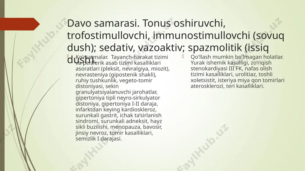 mushaklarida fizik issiqlik ishlab chiqarilishini va ulardagi makroergik birikmalarni gidrolizlanishini kuchaytiradi. natijada terining tomirlari tonusi bosqichli o'zgarishlari sodir bo'ladi: qisqa muddatli spazm va terining rangparlanishi 3-5-daqiqada qon tomir kengayishi va faol giperemiya bilan almashinadi. iliq suvli vanna issiqlik oqimining organism ichiga yo’nalishi intensivligini kuchaytiradi, uning darajasi suv harorati oshib borishi -34,9 kdj x m 2 (40 ° c da) bilan oshadi. natijada tananing issiqlik uzatishi kuchayadi, teri yuzasidan, asosan yuz, bo'yin va ko'krakning yuqori qismidan ter bug'lanishi kuzatiladi. tomir va mushak tonusini tartibga soluvchi termomexanosezgir tuzilmalar qo’zg’alishi natijasida, teri tomirlari kengayadi, teri qon aylanishi 0.2-0.5 l x min dan 4,8 l x min gacha oshadi (40 ° c da), gemoglobin miqdori oshadi va eozinofillar soni, t-limfotsitlar, shuningdek, h + va k + ionlari miqdori kamayadi. ix va xii omillarning faollashishi tufayli qon ivishi kuchayadi. sutkalik diurez va siydik bilan chiqariladigan kaliy ionlarining miqdori oshadi. kontrast vannalar organizmdagi uglevod, lipid va …
