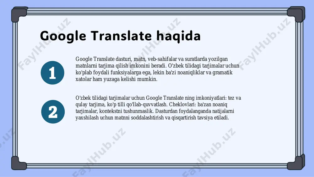 and-red-scarf-yua08bk5u6s?utm_source=ai_slide_maker&utm_medium=referral 1 2 xulosa onlayn tarjimon dasturlari, xususan google translate, zamonaviy tarjima jarayonida muhim rol o'ynaydi. tarjima sifatini oshirish uchun foydalanuvchilar dasturdan to'g'ri foydalanishlari zarur. o'zbek tilidagi tarjimalarda aniqlik va tezlikni oshirish uchun kontekst va terminologiya muhim ahamiyatga ega. dasturdan samarali foydalanish uchun foydalanuvchilar tavsiyalarni yodda tutishlari kerak. foydalanilgan adabiyotlar 1. azimov a. tarjima vositalari: google translate va boshqa dasturlar. o'zbekiston milliy universiteti, 2022 2. jalilov b. onlayn tarjimonlar va ularning afzalliklari. o'zbekiston tarjima instituti, 2023 3. karimov s. google translate va tarjima sifatini oshirish. o'zbekiston xalqaro universiteti, 2021 4. mustafaev d. tarjima jarayonida texnologiyalar va metodologiyalar. o'zbekiston respublikasi fanlar akademiyasi, 2023 5. rahimov t. tarjima sifatini oshirish: maslahatlar va tavsiyalar. o'zbekiston tarjima va filologiya instituti, 2022 e'tiboringiz uchun rahmat! slide 1 slide 2 slide 3: google translate haqida slide 4: foydalanish imkoniyatlari slide 5: boshqa onlayn tarjimon dasturlari slide 6: boshqa tarjimon dasturlarining afzalliklari slide 7 slide 8: onlayn …