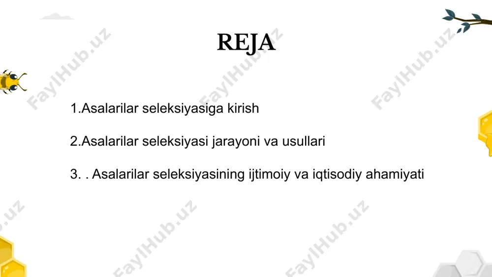 o'rganiladi. asalarilarning naslchilik ko'rsatkichlari asalarilar seleksiyasida naslchilik ko'rsatkichlari muhim ahamiyat kasb etadi. bunga asal sifatining yaxshi bo‘lishi, ko‘p miqdorda asal yig‘ish qobiliyati, kasalliklarga chidamlilik va iqlim sharoitlariga moslashuvchanlik kiradi. bunday ko'rsatkichlar orqali yuksak sifatli nasllarni tanlab olish va ularning genetik salohiyatini oshirishga erishiladi. yuqori sifatli asal olish uchun seleksiya asal sifati seleksiya jarayonida asosiy ko'rsatkichlardan biridir. yuqori sifatli asal olish uchun tanlangan asalarilar, samarali va yaxshi xulqli bo‘lishi kerak. shuningdek, bunday asalarilar ekologik sharoitlarga moslashuvchan va sog‘lom bo‘lishi muhim. seleksiya jarayonida asalarilar tomonidan ishlab chiqarilgan asal miqdori va sifati ham nazorat qilinadi. kasalliklarga chidamlilikni oshirish kasalliklarga chidamlilik – asalarilar populyatsiyasini saqlab qolishda va ularning mahsuldorligini oshirishda muhim omildir. seleksiya jarayonida kasalliklarga chidamli bo'lgan nasllar tanlanadi va ularning genetik resurslari ko'paytiriladi. bu esa o'z navbatida, asalarilar populyatsiyasining umumiy sog'lig'ini yaxshilashga olib keladi. awesome words iqlimga moslashtirish asalarilar seleksiyasida iqlim sharoitlariga moslashuvchanlik juda muhim. har bir mintaqaning o'ziga xos iqlim sharoitlari mavjud …