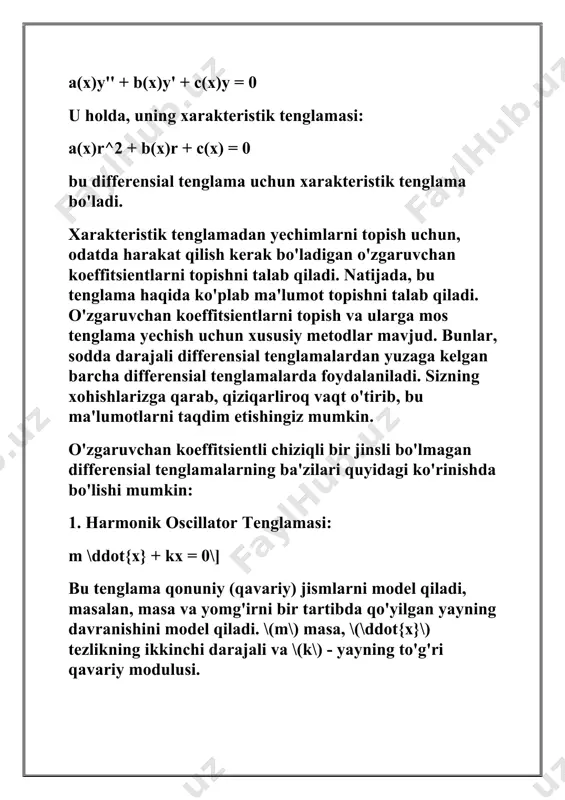 dulusi. 2. isitma tenglamasi: \[k \nabla^2 t + q = \rho c_p \frac{\partial t}{\partial t}\] bu tenglama har tomonlama isitmani tarqatishni model qiladi. \(k\) o'tqazuvchanlik ko'effitsienti, \(q\) to'qima, rho massani massasi, \(c_p\) issiqlash mosligi va tharoratning jismlarini ifodalaydi. 3. difuziya tenglamasi: d nabla^2 phi = frac{partial phi}{partial t} bu tenglama bir modda tashqi bosimning nisbiyo shaklidan bosib keladi. d diffuziya koeffitsienti, phi nisbat, va t vaqt. bu tenglamalar odatda fizika, mühendislik, kimyo, matematika va boshqa sohalar bilan bog'liq amaliyotlar va nazariy usullarda ko'p qo'llaniladi. bu tenglamalarni yechish uchun bir nechta metodlar mavjud bo'lib, ular odatda o'lchovchi yechimlar, aniq yechimlar yoki tahlil dasturlaridan foydalanilgan holda hal qilinadi. differensial tenglamalarni darajali qatorlar yordamida integrallashda qo'llanadigan bir nechta metodlar mavjud. ular quyidagilardir: 1. yalpinish: differensial tenglamaning qarshi yalpinishini olib, uni darajali qatorga o'tkazish. bu usul odatda darajali tenglamalarni yechish uchun ishlatiladi. masalan, differensial tenglamani y'' + ay' + by = f(x) ko'rinishidagi bir …
