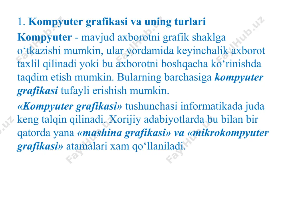 va paint dasturlarini aytish mumkin. ushbu dasturlarda rasmlar mayda kvadrat riksellardan iborat bo‘lib mozaika xolatida xosil qiladi. 2. corel draw dasturi haqida ma’lumot. corel draw - bu illyustratsiyalarni vektor grafikasi printsipiga asoslangan holda yaratuvchi va tahrirlovchi dastur hisoblanadi. corel draw dasturining imkoniyatlari unda turli xil grafik kompozitsiyalarni yaratishga yordam beradi. ayniqsa dinamik interaktiv instrumentlar, turli hil effektlar va grafik ma'lumotlarni html va pdf formatlarida tayyorlash imkoniyatlari yaratilgan. bundan tashqari corel draw grafik muharririda ranglar palitralarida turli hil ranglarni tanlash mumkin. shuningdek turli formatlar bilan ishlashda yordam beruvchi turli instrumentlar, import va eksport uchun zarur bo`lgan filtrlar, tasvirni nashr qiluvchi vositalar ijodkor uchun eng yuqori ijodiy muhit yaratib beradi. 6 corel draw graphics suite x3 dasturiy paketi o’rnatilgach, windows ot ning ishga tushirish menyusida uning piktogrammasi namoyon bo’ladi. dastur quyidagi tartibda ishga tushiriladi: pusk vse programmы corel draw graphics suite x3 coreldraw x3 yoki dasturning - yorlig`ini tanlash orqali. natijada mazkur …