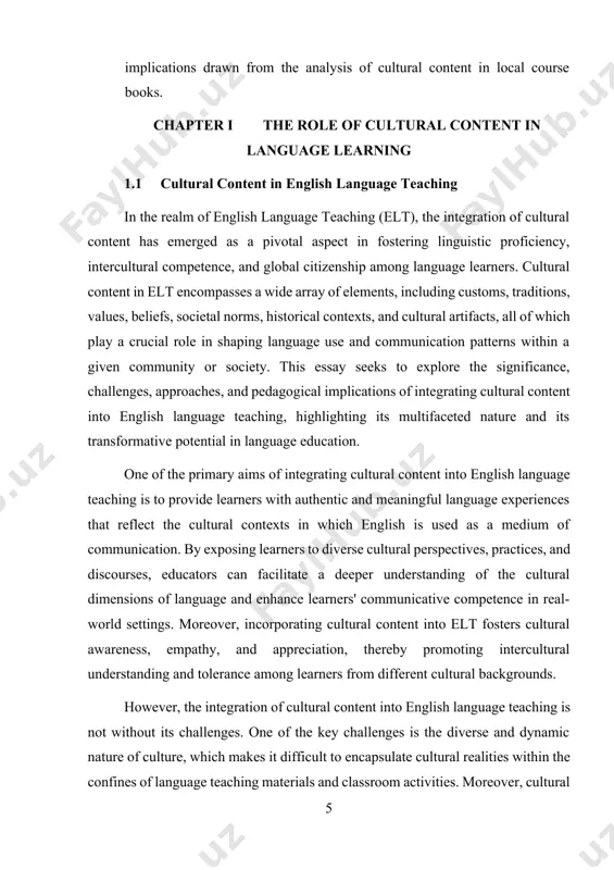 rovide learners with authentic language input and cultural insights. another approach involves the incorporation of culturally relevant topics, themes, and activities into the language curriculum, allowing learners to explore and engage with cultural content in meaningful and interactive ways. furthermore, experiential learning activities, such as cultural simulations, role-plays, field trips, and cross-cultural exchanges, provide opportunities for learners to interact with native speakers, experience cultural practices firsthand, and develop intercultural communication skills. the pedagogical implications of integrating cultural content into english language teaching are far-reaching and transformative. beyond linguistic proficiency, cultural competence has become increasingly recognized as an essential skill for navigating the complexities of our interconnected and multicultural world. by fostering cultural awareness, empathy, and respect, english language educators play a vital role in preparing learners to communicate effectively and ethically in diverse linguistic and cultural contexts. moreover, integrating cultural content into elt promotes critical thinking, reflection, and inquiry, as …