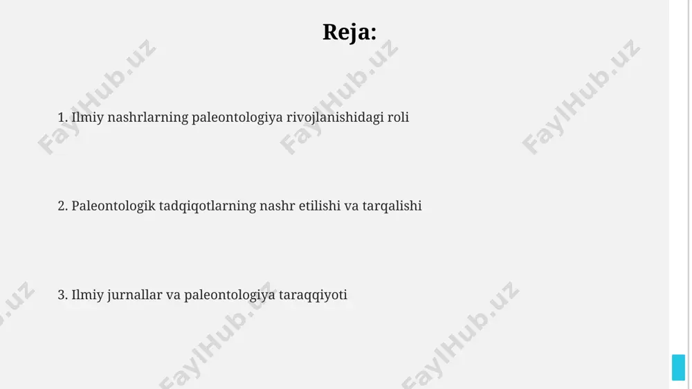 ridagi muhit va iqlim sharoitlarini qayta tiklashga yordam bergan. paleontologiyaning rivojlanishida ilmiy nashrlarning boshlangʻich roli 19-asrning o'rtalaridan boshlab, darwinning "turlar kelib chiqishi" kabi nashrlar evolyutsion paleontologiya sohasining paydo bo'lishiga va qazilma dalillarni evolyutsiya jarayonini tushuntirish uchun ishlatishga turtki bo'lgan. 17-asr oxiridagi birinchi geologik xaritalar va qazilma qoldiqlarning tasvirlangan ilmiy nashrlari, stratigrafiyaning rivojlanishiga va yer tarixini qayta qurishga hissa qoʻshgan. paleontologiyaning dastlabki bosqichlarida, 18-asr oxiri va 19-asr boshlarida, cuvier va lamarck kabi olimlarning nashrlari paleontologik tasniflash va evolyutsion nazariyalarining shakllanishiga asos boʻlgan. ilmiy jurnallar va konferensiyalar materiallari orqali hamkorlik ilmiy jurnallar orqali 10 dan ortiq mamlakat paleontologlari o‘rtasida 50 dan ziyod qo‘shma tadqiqotlar nashr etilgan, bu xalqaro hamkorlikning yuqori darajasini ko‘rsatadi. oxirgi 10 yilda nashr etilgan 70% dan ortiq paleontologik maqolalar, birgalikdagi mualliflikni aks ettiradi, bu sohadagi samarali hamkorlikni tasdiqlaydi. konferensiya materiallari orqali 2022 yilda 300 dan ortiq paleontolog yangi kashfiyotlar va tadqiqot usullari bo‘yicha fikr almashishdi, bu soha rivojiga sezilarli …