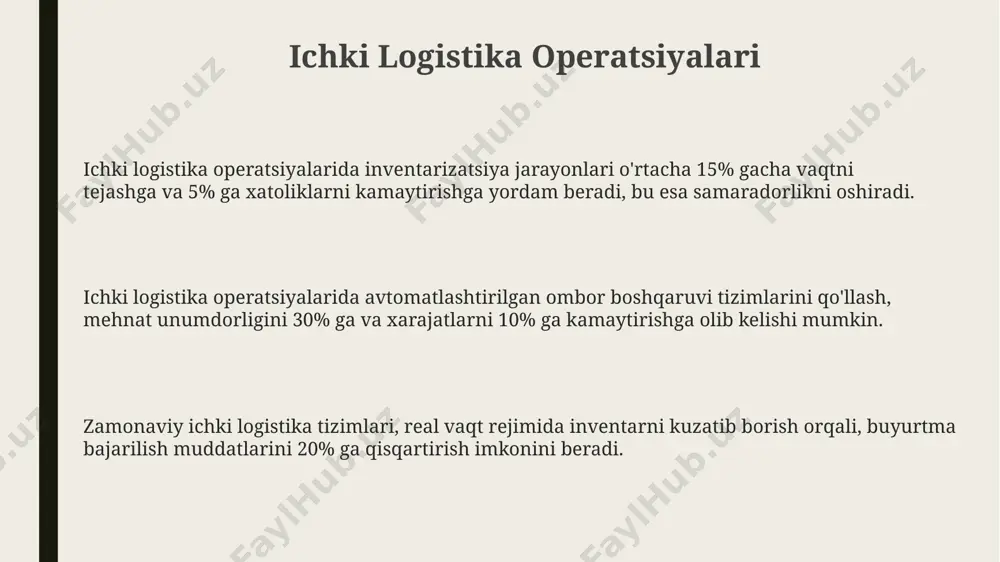 chda kamida 3 ta sifat ko'rsatkichi o'lchanishi va natijalar ma'lumotlar bazasida saqlanishi lozim. sifatni nazorat qilish bo'yicha xodimlar yiliga kamida 2 marta malaka oshirish kurslaridan o'tishi va 80% ball to'plashlari shart. xavfsizlik va xavflarni boshqarish logistika zanjirlarida xavfsizlikni ta'minlash uchun kamida 3 darajali tekshiruv tizimi (kirish nazorati, jarayon nazorati, chiqish nazorati) joriy etilishi kerak, bu esa 90% gacha xavflarni kamaytirishi mumkin. yetkazib beruvchilar bilan tuzilgan shartnomalarda xavfsizlik standartlari va javobgarliklar aniq belgilanishi, shuningdek, 5 yildan kam bo'lmagan muddatga sug'urta polisiga ega bo'lishlari talab qilinishi kerak. xodimlarni o'qitish va malakasini oshirish dasturiga kamida 20 soatlik xavfsizlik va xavfsizlikni boshqarish bo'yicha maxsus mashg'ulotlarni kiritish, ishchilarning 85% dan ortig'i sertifikat olishi zarur. omborxona boshqaruvi замонавий омборхона бошқарув тизимлари (wms) инвентаризация жараёнини автоматлаштириб, инвентаризация вақтини 70% гача қисқартиради ва хатолар сонини 5% гача камайтиради. омборхонада товарларнинг жойлашувини оптималлаштириш, 20% гача тезроқ топширишларни бажариш имкониятини беради ва буюртмаларни тўлиқ бажариш даражасини 98% гача оширади. омборхона …