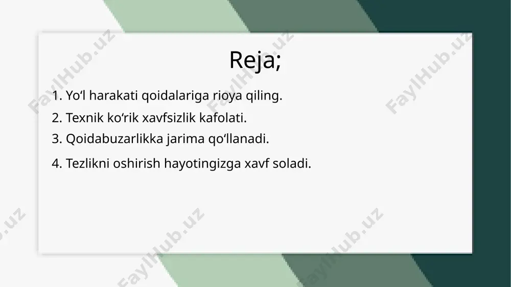 izlik kafolati. texnik ko‘rik transport vositalarining texnik holatini tekshirish va ularning xavfsiz harakatlanishini ta’minlash uchun muhim jarayondir. ushbu jarayon avtomobil yoki boshqa transport vositasining ishlash qobiliyatini baholash, muammolarni aniqlash va oldini olishga xizmat qiladi. texnik ko‘rik vosita dvigateli, tormoz tizimi, rul boshqaruvi, chiroqlar, signal tizimi va shinalarning holatini o‘rganishni o‘z ichiga oladi. bu jarayon transport vositasining ishonchli ishlashini ta’minlab, yo‘l harakati xavfsizligini oshiradi. muntazam texnik ko‘rik yo‘l-transport hodisalarining oldini olishga yordam beradi. nosoz transport vositasi nafaqat haydovchi, balki yo‘l harakati ishtirokchilari uchun ham xavf tug‘diradi. shu sababli, texnik ko‘rikdan o‘tish nafaqat qonuniy talab, balki har bir haydovchining majburiyatidir. texnik xizmat ko‘rsatish va ko‘rikdan o‘z vaqtida o‘tish transport vositasining uzoq muddat xizmat qilishini ta’minlaydi va kutilmagan nosozliklarni oldini oladi. xavfsiz harakatlanish uchun har bir haydovchi o‘z transport vositasining texnik holatiga muntazam e’tibor berishi lozim. texnik ko‘rik xavfsizlik kafolati – bu transport vositasining xavfsiz va ishonchli ishlashini ta’minlash uchun amalga oshiriladigan muhim …