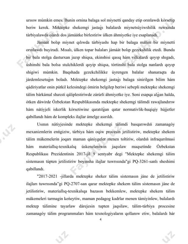 wshilik tárbiyasın qaliplestiriw formaları, metod, usıl hám quralları kurs jumısınıń wazıypaları. - mektepke shekemgi bilimlendiriw shólkemlerinde qurıw oyınları tiykarında miynetsúyiwshilik tárbiyasın úyreniw - mektepke shekemgi jastaǵı balalardı miynetsúyiwshilik ruwxında tárbiyalaw - qurıw-soǵıw oyınlarının bala turmısındaǵı áhmiyetin úyreniw kurs jumısınıń dúzilisi: kirisiw, 2 bap, juwmaq hám paydalanılǵan ádebiyatlardan ibarat. i-bap. mektepke shekemgi jastaǵi balalardi miynetsúyiwshilik tárbiyasi tiykarinda tárbiyalawdin ayríqsha qasiyetleri 1.1. mektepke shekemgi bilimlendiriw shólkeminde balalardı qurıw - soǵıwǵa úyretiw máseleleri ulıwma, orta hám úlken jastaǵı baqsha balalarına shanaraqta kúshleri jetetuǵın miynet tapsırmaların beriw kerek. bul olardı miynetsúyiwshilikke tárbiyalawda hám olarda ayırım miynet ilmiy tájriybeleri payda boliwi ushın kútá úlken múmkinshilikler jaratadı. social paydalı miynette qatnasıw etpegen balanı keyinirek miynetke tartıw júdá qiyin boladı. baqshada balalar tartinadiǵan miynet iskerliginiń túri júdá hár túrli bolıp tabıladı. mısalı, tábiyaat múyeshindegi haywan yamasa ósimliklerdi baǵıw, baqsha háwlisinde islew, asxanada hám toparda nawbetshilik qiliw, kishkentaylardı kiyintirishga járdem beriw hám basqalar. soni da aytip ótiw kerek, …