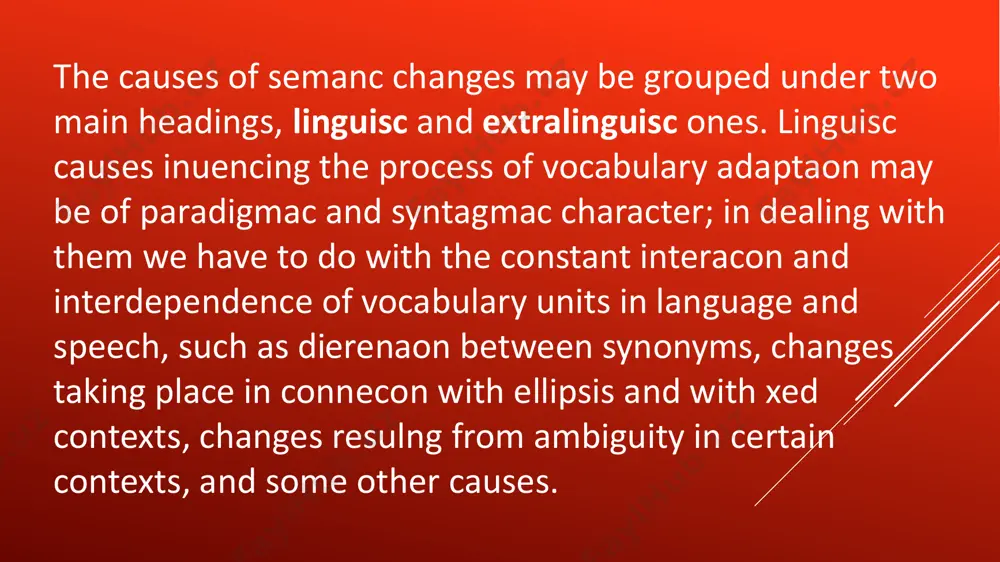 ty, changes in economical and social structures of the community, in cultural and ideological life. e. g.: rus: спутник - 1) попутчик; 2) супруг; 3) ракета; eng: carrus, l - a four-wheeled carriage > car. linguistic causes are connected with: 1) ellipsis (contamination of meanings: starve < starved of hunger, me); 2) discrimination of synonyms: land - 1. solid part of earth’s surface/ a. e. 2. the territory of a nation / country - the territory of a nation; 3) linguistic analogy, when one member of a synonymic group acquires a new meaning which is afterwards transferred to other members of the set: synonyms of ‘to understand’ - to grasp, to get, to catch, etc. the nature of semantic change is connected with the relations between the old and the new meanings. there are two kinds of associations involved in semantic changes: a) similarity of meanings (metaphor); b) contiguity of …