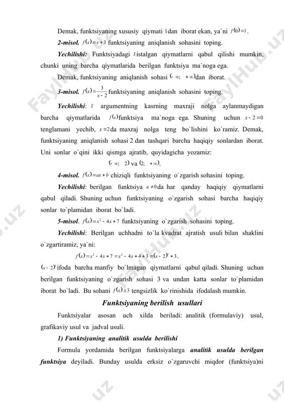 raylik. misolda berilgan va ning qiymatlari orasidagi yuqoridagi munosabat bitta funktsiyani aniqlaydi. to`g`ri chiziqni ifodalovchi strelka nuqtada berilgan funktsiyaning grafigi ekanligini ko`rsatadi. (2) shartga asosan bo`lganda miqdor formuladan emas, balki formula bo`yicha topiladi. shuning uchun da ham ga teng bo`ladi. funktsiya biror ifoda yordamida, masalan, va ko`rinishlarda berilgan bo`lsin. agar bunda argument qiymatlarining qanday chegaralarda o`zgarishi haqida hyech narcha deyilmagan bo`lsa, bu holda, ifoda ning o`zi aniqlangan barcha qiymatlarida funktsiyani beradi deya olamiz. masalan, yozuv ning barcha haqiqiy qiymatlarida ekanligini bildiradi. shuningdek, yozuv ning barcha musbat qiymatlarida dan iborat bo`ladi. 2) funktsiyaning grafik usulda berilishi funktsiyaning grafigi deb, koordinatalari shu funktsiyani to`g`ri tenglikka aylantiruvchi tekislikdagi barcha nuqtalar to`plamining geometrik o`rniga aytiladi. agar shu funktsiyaning grafigi tasvirlangan bo`lsa, funktsiya grafik usulda berilgan deyiladi. ko`pincha funktsiyani analitik usulda berish qiyin bo`lgan hollarda u grafik ko`rinishda beriladi. bundan tashqari, ko`pgina jarayonlarni o`rganishda formula tilida gaplasha olmaydigan asboblar yordamida shunday egri chiziqlar hosil qilinadiki, …