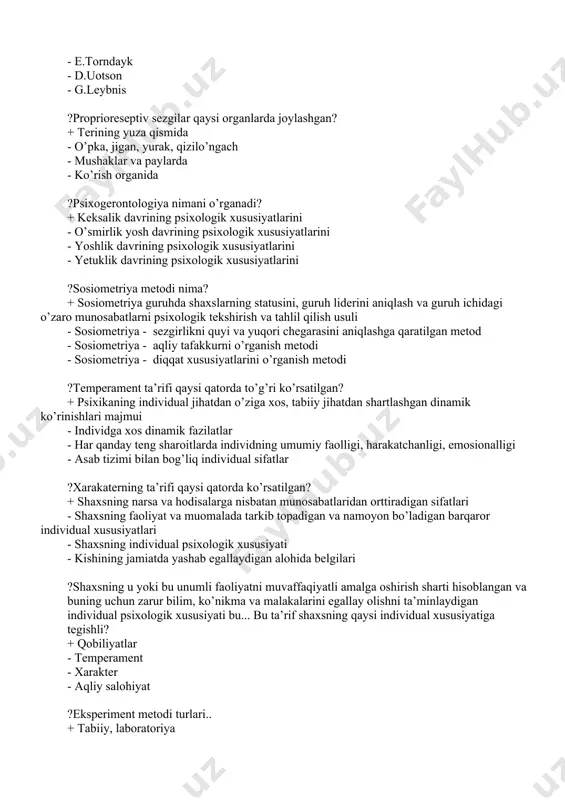 z a’zolari xul- atvoriga, ko’pchilik tomonidan e’tirof etilgan harakatlarga nisbatan talablardir - shaxsning jamiyat tomonidan qo’yilgan talablarni bajarishi - shaxsning jamiyatdagi biron- bir vaziyatdagi bajarishi lozim bo’lgan xatti- harakatlari - shaxsning ko’pchilikning fikriga qarshi borishi ?ijtimoiy sanksiya – bu …. i + normalarning shaxs xulqida namoyon bo’lishini nazorat qiluvchi jazo va rag’batlantirish mexanizmlar - shaxsning ijtimoiy normalarni bajarishi - jamoat tomonidan shaxsga qo’yiladigan talablar - shaxsning ijtimoiy muhit ta’sirida vujudga kelgan xatti- harakatlari ?psixologiyada refleksiya deb nimaga aytiladi? + aynan o’ziga o’xshash odamlar obrazi orqali o’zi to’g’risidagi obrazni shakllantirishdir - shaxsning o’zini o’rab turgan kishilardan ta’sirlanishi - shaxsning ma’lum bir vaqtda bajarishi lozim bo’lgan xatti- harakatlari - shaxsning ijtimoiy muhit ta’sirida vujudga kelgan xatti- harakatlari ?psixodiagnostika nima? + shaxsni psixologik xususiyatlarini uning psixik nuqsonlarini va bu nuqsonlarning sabablarini maxsus psixologik metodlar yordamida o’rganish, aniqlash; - shaxs kamoloti va intelektual taraqqiyoti jarayonida vujudga kelishi mumkin bo’lgan psixologik buzilish nuqsonlarni oldini olish; …