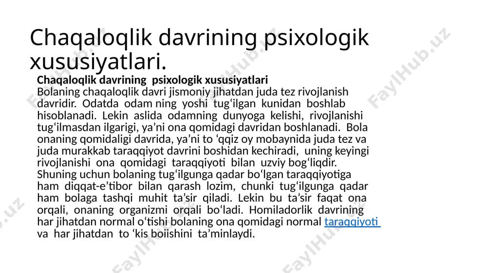 salan, o ‘pkadagi havo kiradigan mayda pufakchalarning soni miqdor jihatdan katta odamlamiki bilan barobar bo‘lsa hani, ular juda mayda boiadi (katta odamlamikiga nisbatan uch barobar kichik boiadi). shuning uchun chaqaloq bolalar katta odamlarga nisbatan uch barobar tez nafas oladilar. chaqaloq bola bir minutda 50-60 marta nafas olsa, katta yoshdagi odam xuddi shu vaqt ichida 14-16 marta nafas oladi. chaqaloq bola jismoniy jihatdan juda tez o‘sayotganligi tufayli sof havoga ayniqsa muhtoj boiadi. ilk yoshdagi bolalaming taraqqiyotida, buni albatta hisobga olish zarur. agar chaqaloq bola o‘ringa o ‘ng‘ay holatda yotqizilmasa, siqib yo‘rgaklansa va ochiq havoga olib chiqilmasa, uning nafas olishida qo‘shimcha qiyinchilik vujudga keladi. chaqaloq bolaning yuragi katta odamning yuragiga nisbatan anchagina tez uradi. masalan, katta odamning yuragi bir minutda o‘rtacha 70-75 marta ursa, chaqaloq bolaning yuragi 120 va undan ortiq marta uradi. buning asosiy sababi chaqaloq bolalar yuragining har bir qisqarishida bosib chiqaigan qon hajmining (miqdorining) ozligi, yurak muskullarining hali zaifligi …