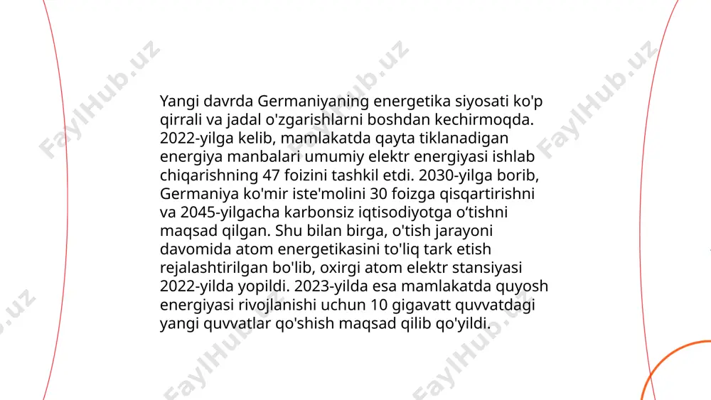 rlik va transport aloqalari sohasida. 2022 yilda o‘zbekiston tashqi savdodagi umumiy hajmi 44 milliard aqsh dollariga yetgan. xalqaro maydonda o‘zbekiston bmt, mdh, shht kabi tashkilotlarning faol aʼzosi sifatida ishtirok etadi. ... t.me/slaydai_bot yangi davrda germaniya qonunchiligi ko‘plab o‘zgarishlarga duch keldi. 1949-yilda qabul qilingan asosiy qonun (grundgesetz) mamlakatning asosiy huquqiy bazasini belgilaydi. so‘nggi yillarda 2010-yilda qabul qilingan energiya o‘tish (energiewende) siyosati, 2018-yilda xalqaro himoya uchun qochqinlar haqidagi qonun va 2021 yilda raqamli transformatsiya to‘g‘risidagi qonunlar muhim rol o‘ynadi. germaniyada qonunchilik jarayoni bundestag va bundesrat tomonidan qo‘shma tashabbuslar orqali amalga oshiriladi. 2021-yil natijalariga ko‘ra bundestagda 736 deputat bor. germaniya evropa ittifoqining bir qismidir va ittifoq qonunchiligi milliy qonunlarga katta ta'sir ko‘rsatadi. ... t.me/slaydai_bot 6. germaniyada fuqarolik jamiyati germaniyada fuqarolik jamiyati kuchli institutlar va faol harakatlar bilan ajralib turadi. mamlakatda taxminan 600 mingdan ortiq nodavlat notijorat tashkilotlar (nnt) mavjud bo'lib, ularda milliondan ortiq ko'ngillilar ishtirok qiladi. ushbu tashkilotlar ijtimoiy, madaniy, sport va ekologik …