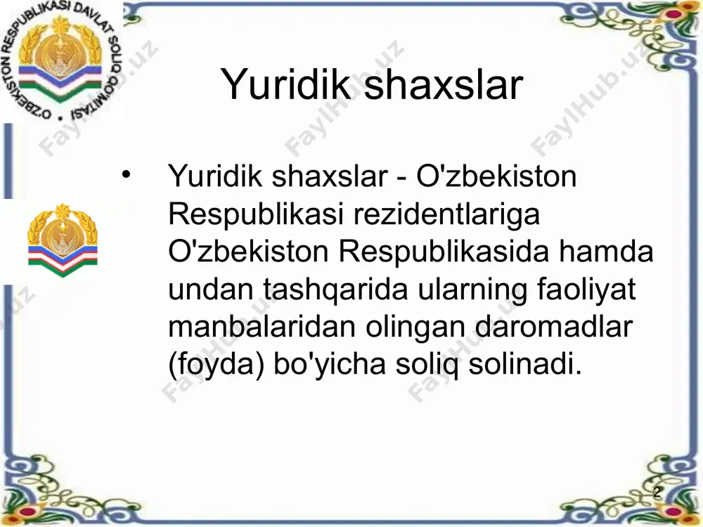 hisobot davrining soliq solinadigan foydasidan kelgusida chegiriladigan xarajatlar ular yuzaga kelgan paytda, ya’ni joriy hisobot davrida emas, balki keyingi o`n yildan ko`p bo`lmagan muddat ichida qisman-qisman chegiriladi. * bunday xarajatlarga quyidagilar kiradi: -yangi ishlab chiqarishlar, ssexlar, agregatlarni, shuningdek, seriyali va ommaviy ishlab chiqariladigan yangi mahsulot turlarini hamda texnologik jarayonlarni o`zlashtirish xarajatlari; -barcha turdagi asbob-uskunalar va texnik qurilmalarni o`rnatish va ishlab turgan holatida sinab ko`rish xarajatlari; -ishchi kuchlari qabul qilish va yangi ishga tushirilgan korxonada ishlash uchun kadrlar tayyorlash bilan bog`liq xarajatlar; -asosiy vositalar va nomoddiy aktivlarning jadallashtirilgan amortizatsiya summasi bilan belgilangan me’yorlar bo`yicha hisoblangan amortizatsiya summasi o`rtasidagi farq. * soliq to`lovchining xarajatlari chegirib tashlanadigan va chegirib tashlanmaydigan xarajatlarga bo`linadi. chegirib tashlanadigan xarajatlar quyidagilar: 1) moddiy xarajatlar; 2) mehnatga haq to`lash xarajatlari; 3) amortizatsiya xarajatlari; 4) hisobot davrining soliq solinadigan foydasidan kelgusida chegiriladigan xarajatlar; 5) boshqa xarajatlar. * moddiy xarajatlarga quyidagilar kiradi: -xom ashyo, materiallar, butlovchi buyumlar va yarim tayyor mahsulotlar; …
