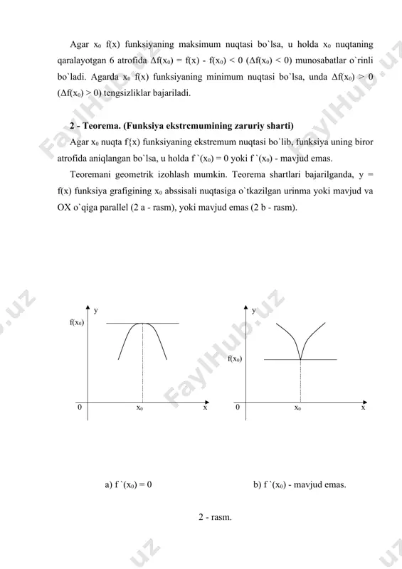 ) f `(x0) - mavjud emas. 2 - rasm. funksiya ekstremumining zaruriy shartlarini qanoatlantiruvchi, ya`ni funksiya hosilasi f(x) ni nolga aylantiruvchi yoki f `(x) mavjud bo`l-magan, funksiya aniqlanish sohasining ichki nuqtalariga uning kritik nuqtalari deyiladi. ulardan f `(x)=0 tenglamani qanoatlantiruvchi kritik nuqtalarga statsionar nuqtalar deyiladi. misol. у = (х-4)· funksiyaning kritik nuqtalarini toping. funksiya sonlar o`qida aniqlangan va y`(x) = 4/3·x-1/ . x = 1 da y`(l) = 0 bo`lib, x = 0 da y`(0) - mavjud emas. demak, x = 1 nuqta funksiyaning statsionar nuqtasi, {0;l} nuqtalar to`plami esa uning kritik nuqtalari to`plamidir. funksiya ekstremumi zaruriy shartini qanoatlantiruvchi har bir kritik nuqta uning ekstremum nuqtasi bo`lavermaydi. masalan, у = x3 funksiya r da monoton o`suvchi, chunki (x3)` ≥0, x€r. x = 0 nuqta esa uning kritik (statsionar) nuqtasi chunki y`(0) = 0. funksiya sonlar o`qida monoton o`suvchi bo`lgani uchun, x = 0 kritik nuqtasi uning ekstremumi bo` la olmaydi. …