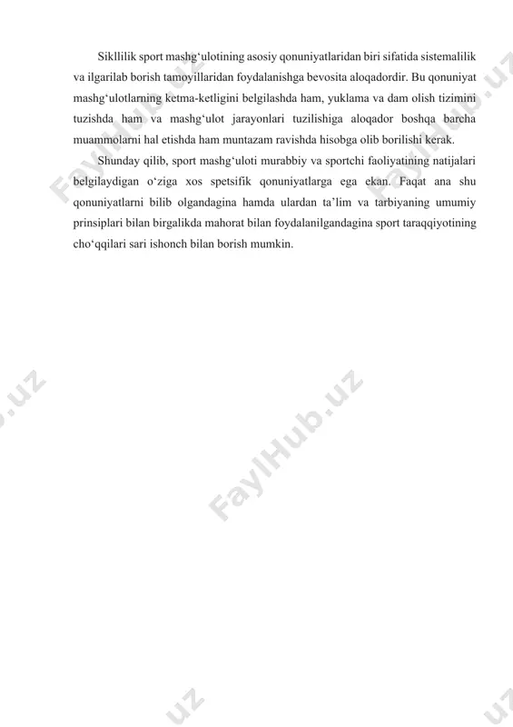ar yuklamasining umumiy hajmi stabillashib, keyinchalik esa pasaya borishi hollariga taalluqli emas). sikllilik sport mashg‘ulotining asosiy qonuniyatlaridan biri sifatida sistemalilik va ilgarilab borish tamoyillaridan foydalanishga bevosita aloqadordir. bu qonuniyat mashg‘ulotlarning ketma-ketligini belgilashda ham, yuklama va dam olish tizimini tuzishda ham va mashg‘ulot jarayonlari tuzilishiga aloqador boshqa barcha muammolarni hal etishda ham muntazam ravishda hisobga olib borilishi kerak. shunday qilib, sport mashg‘uloti murabbiy va sportchi faoliyatining natijalari belgilaydigan o‘ziga хos spetsifik qonuniyatlarga ega ekan. faqat ana shu qonuniyatlarni bilib olgandagina hamda ulardan ta’lim va tarbiyaning umumiy prinsiplari bilan birgalikda mahorat bilan foydalanilgandagina sport taraqqiyotining cho‘qqilari sari ishonch bilan borish mumkin. foydalanilgan adabiyotlar 1. «o‘zbekiston bolalar sportini rivojlantirish jamg‘armasini tuzish to‘g‘risida»gi farmon – 2002-yil, 24-oktabr. 2. barkamol avlod orzusi. o‘zbekiston milliy ensiklopediyasi davlat ilmiy nashriyoti. – toshkent, 2000. 3. t.s. usmonxo‘jayev va boshqalar. «bolalar va o‘smirlar sporti mashg‘ulotlari nazariyasi va uslubiyatlari». o‘quv qo‘llanma. – toshkent, «ilm-ziyo», 2006. 4. l.p. matveyev, a.d. novikov. …