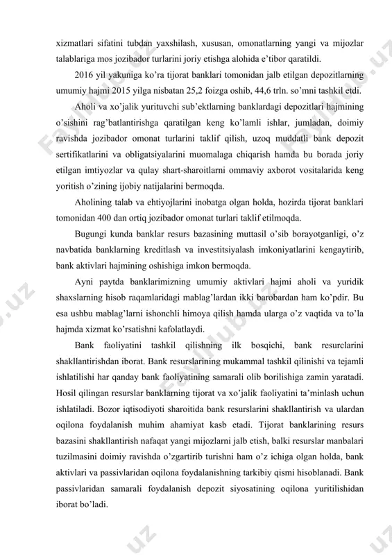o’ladi deb o’ylaymiz. resurs - frantsuzcha «ressourse». so’zidan olingan bo’lib, pul mablag’lari, yordamchi mablag’, imkoniyat, zahira, mablag’ va imkoniyatlar manbai, daromadlar manbai, xom-ashyo degan ma’nolarni o’zida mujassamlashtiradi. iqtisodiy manbalarda «resurs» so’zi turli hil ma’nolarda, ya’ni, tabiat resurslari, moliyaviy resurslar, iqtisodiy resurslar, inson resurslari va boshqa ko’rinishlarda tez-tez uchrab turadi. iqtisodiy resurslar asosiy qismi, bu moliyaviy resurslar bo’lib, bu resurslar iqtisodiyotning rivojlanishini ta’minlash uchun foydalaniladigan pul-kredit va byudjet mablag’larini tashkil qiladi. moliyaviy resurslarning asosiy manbai bo’lib, vaqtinchalik bo’sh turgan pul mablag’lari, soliqlar, jismoniy shaxclarning pul mablag’lari, chek- depozit emissiyasi bilan bog’liq mablag’lar va boshqalar hisoblandi. bank resurslari to’g’risida respublikamizda i.f.n. b. boboev tomonidan ilmiy tadqiqot ishi olib borilgan. unda bank resurslarining mohiyati, tarkibi, resurslarni shakllantirish bilan bog’liq muammolar hamda ularni bartaraf etish yo’llarini keng ochib berishga harakat qilgan. respublikada pul bozorini shakllantirish va unda pul resurslari bilan operatsiyalar o’tkazishda banklar faoliyatining strategiyasini ishlab chiqish uchun bank resurslari tushunchasini hamda banklarning resurslar …