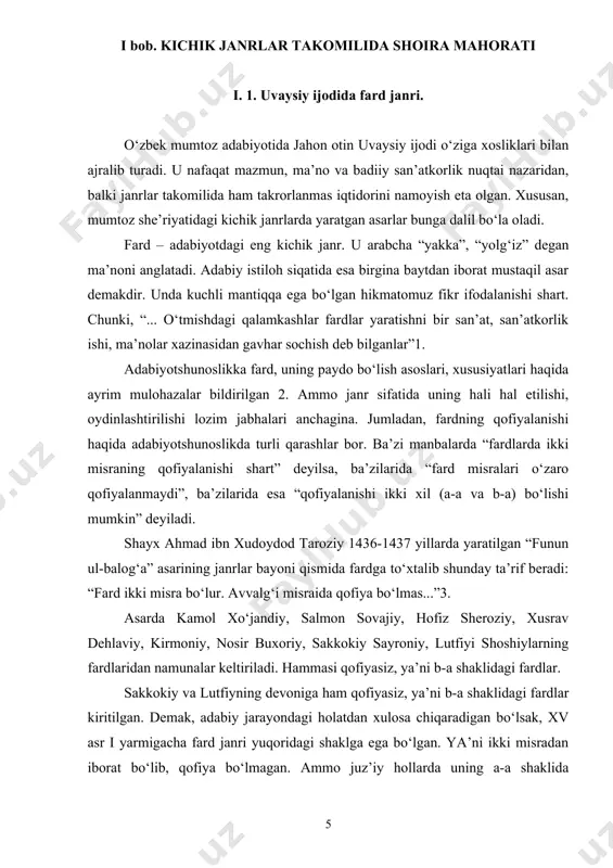 rda shoira she’riyatiga xos bо‘lgan teranlik va falsafiy mushohada sezilib turadi: dilrabo, о‘ltur boshingdin aylanay, pandim ol, о‘lsam sо‘ngokim ayla nay4. zohiran qaraganda, bayt mazmuni oddiy: “ey dilbar, yonimda о‘tirgin va nasihatimni eshit. agar о‘lsam suyagimdan nay yasagin”. ammo shu о‘rinda savol paydo bо‘ladi. xо‘sh, nega lirik qahramon о‘lganda syagidan nay yasashni sо‘rayapti? shoirning maqsadi, g‘oyasi ana shu nay timsoliga singdirilgan. bu yerda nay ramz sifatida qо‘llanilgan. sharq mumtoz adabiyotida nay chuqur mohiyatga ega. she’riyatimizda uning turlicha talqinlari bor. jamoliddin rumiy “masnaviy”sidagi fikrlar nay ramzi mohiyatini bir qadar oydinlashtiradi: tingla, nay andoq hikoyatlar qilur, ayriliqlardan shikoyatlar qilur. men qamish erdim kesib keltirdilar, sanchilur deb ta’naga о‘ldirdilar. pora –pora qildi kо‘ksimni firoq, baski, sо‘yla endi dardi ishtiyoq...5. demak, nay asliyat, undan uzoqlashish ramzi. chunki nay qamishdan yasaladi. u qamishligida yam-yashil, tirik edi. uni kesib aslidan ayirdilar u ayriliqdan sarg‘aydi. undan nay yasadilar. endi u g‘ariblikdan, hidrondan fig‘on cheka boshladi. ruhiyatning teran …