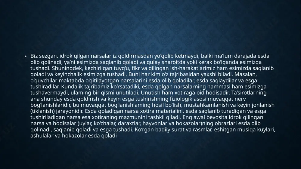 elementlari o‘rtasida bog‘lanish vujudga kelishidan iboratdir. esda qolishning nerv-fiziologik asosi bosh miya po‘stida yangi muvaqqat nerv bog‘lanishlari hosil boiishidan iboratdir. esda olib qolishning tezligi, to‘laligi, aniqligi va mustahkamligi har xil boiishi mumkin. esda qoldirishning bu sifatlari esga tushirishning tezligi, to‘laligi va aniqligiga, shuningdek, nechog‘li tez yoki sekin unutilishiga qarab aniqlanadi. tez, to‘la va aniq esga tushirish va tezda unutib qo'ymaslik esda qoldirishning eng yaxshi sifatlaridandir. jumladan, unutishning tezligiga qarab, esda qoldirishning mustahkam bo‘lish-bo‘lmasligi aniqlanadi: puxta esda qolgan material sekin unutiladi yoki sira unutilmaydi. shu sababli esda olib qolishning har xil sifati nimaga bog'liq degan savolning tug‘ilishi tabiiydir. xotiraning sifatini belgilovchi shartlarni bilish pedagogika uchun amaliy ahamiyatga ega, chunki bu shartlami bilganda, eng mustahkam va eng tez esda qoldirishga erishmoq uchun nimalar qilish va nimalami hisobga olish kerak ekani ma’lum bo‘ladi. turmushdagi kuzatishlar pedagogik amaliy va maxsus eksperimental tekshirishlar ko‘rsatishicha, esda qoldirishning sifatlari - uning tezligi, to'laligi, aniqligi va puxtaligi, birinchidan, …