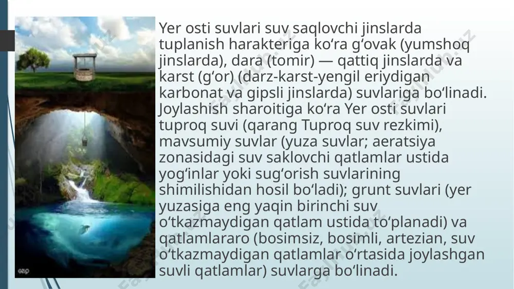 chiqib, oqar suvlarga qo`shiladi. yer osti suvlari suvli gorizontning joylashishiga, bosimning bor-yo`qligiga, yotish xolatiga, gidravlik belgisiga va ximiyaviy tarkibiga qarab ustki, grunt va qatlamlararo suvlarga bo`linadi. bulardan tashqari yoriq, qarst, doimiy muzloq va shifobaxsh xususiyatiga ega bo`lgan mineral suvlar ham bo`ladi. bu suvlar ko`p xollarda sanoat korxonalarida ishlatiladi. ular bosimli yoki bosimsiz bo`lib, ba`zi o’ziga xos xususiyatlari bilan boshqa xildagi suvlardan ajralib turadi. pyezometrik satx balandligi dengiz yuzasi yoki nisbiy olingan gorizontal tekislikka nisbatan aniqlanadi. kartada xar xil pyezometrik satxlarni birlashtiruvchi chiziq gidroizopyez deb ataladi. bosim kuchi suv singuvchi qatlamning yer yuzasiga chiqan qismining mutloq balandligi bilan suv ochilgan joy balandligining farqi orqali topiladi. ayrim paytlarda suvli gorizontning ochgan quduqlardan suv yer yuzasiga fontan bo`lib otilib chiqadi. bosimli suvlar yevropada birinchi marta 1126 yilda frantsiyaning artua (qadimgi nomi artiziya) viloyatida topilgan, shu sababli artezian suvlar deb ataladi. bosimli suv gorizontlari suv o`tkazmaydigan qatlamlar bilan bo`linib, qat-qat bo`lib joylashadi va yer …