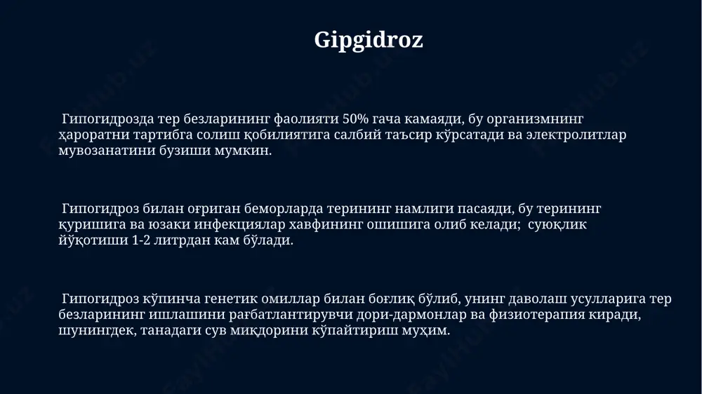 uniga 0,5 dan 1,5 litrgacha yetishi mumkin. terning tarkibi terning ph qiymati odatda 4,5 dan 7 gacha o'zgarib turadi va bu ter bezlarining faoliyati, shuningdek, terlash intensivligiga bog'liq. ter tarkibining 99% suvdan, qolgan 1% esa elektrolitlar (natriy, kaliy, xlorid), siydik kislotasi va ammiak kabi azotli birikmalardan iborat. terda taxminan 0,5-1 g/l miqdorida siydik kislotasi bo'lib, u organizmdan siydik bilan birga chiqariladigan azotli chiqindi mahsulotlaridan biri hisoblanadi. ter orqali chiqariladigan moddalar ter bezlari orqali chiqariladigan metallarning miqdori (masalan, rux, mis) odatda past bo'lsa-da, ularning konsentratsiyasi sog'liq holati va atrof-muhit omillariga bog'liq holda o'zgaradi. ter tarkibida 99% suv, 1% esa elektrolitlar (natriy, kaliy, xlorid), siydik kislotasi va ammiak kabi azotli birikmalar, shuningdek, yog' kislotalari va teri yog'lari mavjud. taxminan 1 litr ter bilan 1-5 gramm siydik kislotasi va 0,5-1 gramm ammiak tanadan chiqariladi, bu esa azot metabolizmi mahsulotlarining muhim ekskripsiya yo'li ekanligini ko'rsatadi. terlashning buzilishi terlashning buzilishi gipohidroz yoki giperhidroz kabi 2 …