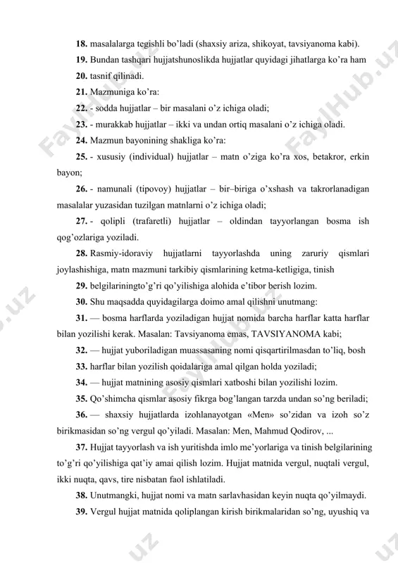lari xatboshi bilan yozilishi lozim. 35. qo’shimcha qismlar asosiy fikrga bog’langan tarzda undan so’ng beriladi; 36. — shaxsiy hujjatlarda izohlanayotgan «men» so’zidan va izoh so’z birikmasidan so’ng vergul qo’yiladi. masalan: men, mahmud qodirov, ... 37. hujjat tayyorlash va ish yuritishda imlo me’yorlariga va tinish belgilarining to’g’ri qo’yilishiga qat’iy amai qilish lozim. hujjat matnida vergul, nuqtali vergul, ikki nuqta, qavs, tire nisbatan faol ishlatiladi. 38. unutmangki, hujjat nomi va matn sarlavhasidan keyin nuqta qo’yilmaydi. 39. vergul hujjat matnida qoliplangan kirish birikmalaridan so’ng, uyushiq va ajratilgan bo’laklar, orasida, izohlovchi bilan izohlanmish o’rtasida qo’llanadi. 40. masalan: «shuni hisobga olib, ...», «men, 2-kurs talabasi umida ikrom qizi, ...», kabi. 41. nuqtali vergul izohlanayotgan voqea-hodisa, narsalarning tartib raqami qavs bilan ajratilgan so’z, birikma va gaplardan so’ng qismlari mazmunan farqlanuvchi qo’shma gaplar tarkibida ishlatiladi. 42. masalan: talabaning majburiyatlari: 43. 1) o’quv yurti nizomiga amal qilish; 44. 2) dars va boshqa o’quv mashg’ulotlarida faol qatnashish va boshqalar. …