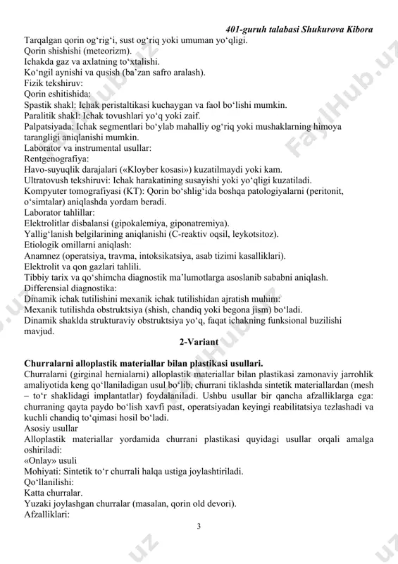 uzun segmentining haddan tashqari spazmi natijasida ichak tarkibi harakati to‘xtaydi. sabablari: asab tizimining funksional buzilishlari (stress, reflektor javob). og‘ir metall (qo‘rg‘oshin) yoki kimyoviy moddalar bilan zaharlanish. markaziy asab tizimi kasalliklari (miya yoki orqa miya shikastlanishi). gematoma yoki ichki qon ketishlar. paralitik shakl mexanizm: ichak devorining motorik funksiyasi to‘liq yo‘qoladi (paralizlanadi). sabablari: qorin bo‘shlig‘i operatsiyalari (operatsiyadan keyingi parez). peritonit yoki og‘ir infeksiyalar. qorin bo‘shlig‘iga qon ketishi yoki boshqa og‘ir travmalar. og‘ir metabolik buzilishlar (gipokalemiya, giponatremiya). og‘ir intoksikatsiyalar. dinamik ichak tutilishi diagnostikasi klinik belgilar: spastik shakl: qattiq va to‘xtovsiz qorin og‘rig‘i (spazm xarakterli). qorin bo‘shlig‘ini paypaslashda lokal taranglik aniqlanadi. ich ketishi yoki ich qotishi. paralitik shakl: tarqalgan qorin og‘rig‘i, sust og‘riq yoki umuman yo‘qligi. qorin shishishi (meteorizm). ichakda gaz va axlatning to‘xtalishi. ko‘ngil aynishi va qusish (ba’zan safro aralash). fizik tekshiruv: qorin eshitishida: spastik shakl: ichak peristaltikasi kuchaygan va faol bo‘lishi mumkin. paralitik shakl: ichak tovushlari yo‘q yoki zaif. palpatsiyada: ichak segmentlari …