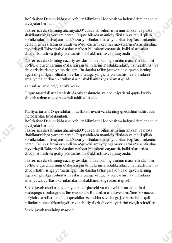 ning mavzuni qay darajada tushunganliklarini aniqlash. 2. muloqot ko‘nikmalarini rivojlantirish: o‘quvchilarning o‘z fikrlarini aniq va lo‘nda ifodalashlarini rag‘batlantirish. 3. mustaqil fikrlashni o‘stirish: savollarga javob izlash jarayonida o‘quvchilar mustaqil ravishda fikrlashadi. 4. ijodkorlikni rivojlantirish: savol-javob jarayonida ijodiy yondashuvlarni kashf qilishga imkon yaratiladi. turlari: 1. ochiq savollar: mavzuni chuqur tahlil qilishga yordam beradi. masalan: "sizningcha, bu muammoning eng samarali yechimi nima?" 2. yopiq savollar: aniq va qisqa javoblarni talab qiladi. masalan: "bu yil qaysi davlat mustaqil bo‘ldi?" 3. tahliliy savollar: o‘quvchilarning fikrlash qobiliyatini sinovdan o‘tkazadi. masalan: "bu qarorning ijobiy va salbiy tomonlarini aytib bering." 4. muammoli savollar: o‘quvchilarni ijodiy yechimlar topishga undaydi. masalan: "agar siz bu jarayonni boshqargan bo‘lsangiz, qanday o‘zgarishlarni amalga oshirgan bo‘lardingiz?" afzalliklari: taʼlim jarayonini jonlantiradi va interaktiv qiladi. o‘quvchilarni faol ishtirok etishga rag‘batlantiradi. eslab qolish va mavzuni mustahkamlashni osonlashtiradi. muloqot va tanqidiy fikrlash ko‘nikmalarini rivojlantiradi. kamchiliklari: agar noto‘g‘ri tashkil etilsa, vaqtni samarasiz sarflashga olib kelishi mumkin.har bir o‘quvchi javob …