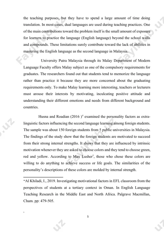 c model in learning second language. source: based on rohaidah kamaruddin experience. figure 1 shows how a language learner’s heart and intrinsic motivation is instrumental in whether or not a language learner is willing to learn a second language. however, obstacles such as the environmental factor (e) and the mother tongue (mt) also hinder one’s motivations to learn another language. extra-linguistic elements such as motivation, attitudes, personality and emotion play a major role in determining the readiness of the learners in learning the language. gardner (1985 )[footnoteref:6] stated that motivation is the combination of attempt plus desire to obtain the aim of learning a language as well as having favorable attitude toward learning the language. meanwhile, attitude is accepted as an important concept to understand human behavior and is defined as a mental state that includes beliefs and feelings (latch anna and dag new, 2009 [footnoteref:7]) which is significant in …