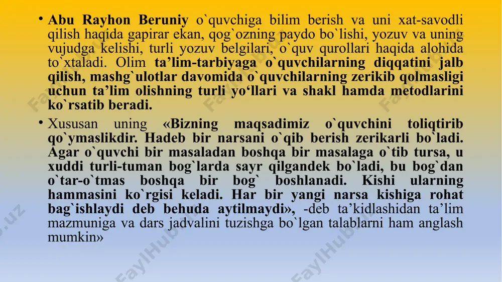 shlang‘ich ta’lim pedagogikasi fanining tarixi. abdulla avloniyning ta’limiy-axloqiy asarlari, xususan, «turkiy guliston yoxud axloq» asari, «birinchi muallim», «ikkinchi muallim» darsliklaridagi ixcham hikoyalari bugungi kun yosh avlod tarbiyasi uchun g`oyat dolzarbdir. uning pand-nasihat, ibrat turkumidagi hikoyalari va asarlari yosh avlod tarbiyasida muhim o`rin tutadi. jumladan, u «turkiy guliston yoxud axloq» asarida badan tarbiyasiga e’tiborni qaratar ekan, shunday deydi: «badanning salomat va quvvatli bo`lmog`i insonga eng kerakli narsadir. chunki, o`qimoq, o`qitmoq, o`rganmoq va o`rgatmoq uchun insonga kuchlik, kasalsiz jasad lozimdur». tarixga nazar tashlaydigan bo`lsak, yuqoridagi qayd etilgan davrlarda doimo yurtimizda qahramonlar, olimlar, allomalar, donishmandlar bo`lgan va ular taraqqiyparvar, bunyodkor, ma’rifatparvar, ma’naviyalli hamda fidoyi insonlar bo`lgan. buni mustaqillik davrida yanada yaqqolroq sezish mumkin. professor mirsodiq is’hoqovning tadqiqot ishlarida o’rta osiyo xalqlari tomonidan bundan 2800 yillar muqaddam alifbolar yaratila boshlangan. «bu yuksak madaniy hodisa shundan dalolat beradiki, qadim ajdodlarimiz inson nutqining tabiatini yaxshi bilgan. yozuvni yaratish yo’li bilan jamiyatning ma’naviy zaxiralarini matnda aks ettirish, …