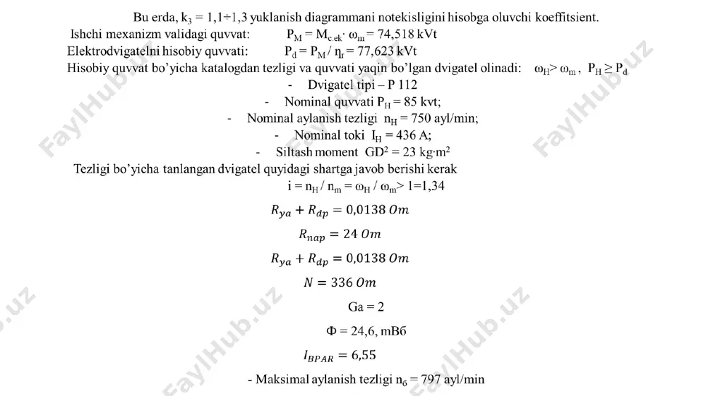 adni rotoriga) qo’shimcha qarshilik ulash shart. odatda tormozlash bir pog’onali bo’ladi. elektrodinamik tormozlash elektr yuritma tezligini 0ga tishirish uchun qo’llaniladi. o’zgarmas tok dvigatelni teskari ulab tormozlash. tormozlash xarakteristikalarni hisoblash uchun mexanik xarakteristika tenglamasidan foydalanish mumkin. tormozlashdagi boshlangich tezlik ωt = ωo – mc(rya/c2) = 68 rad/sek bu erda, c = (uh – ih rya)/ωh = 2,63 tormozlash qarshiligi rt = rya + rd = (uh + c ωo)/it = 0,245 om tormozlash uchun ulanadigan qo’shimcha qarshilik rq = rt – rya = 0,215 om reverslashdagi tezlik qiymati ωtt = -ωo + mc(rt/c2) = 36,6 rad/sek o’zgarmas tok dvigatelni elektrodinamik tormozlash. elektrodinamik tormozlash qarshiligi quyidagi bo’g’lanishlar yordamida hisoblanadi ωdt = mt(rt/c2) = mt [(rya+rq )/c2] rt = (ωdt c2)/ mt = 0,245 om rq = rt – rya = 0,215 om dinamik tormozlash tezligi ωdt = - mt(rt/c2) – 65 rad/sek dinamik tormozlash xarakteristikalari. elektr yuritmalardagi o’tkinchi jaryonlar. umumiy ma’lumotlar. elektr …