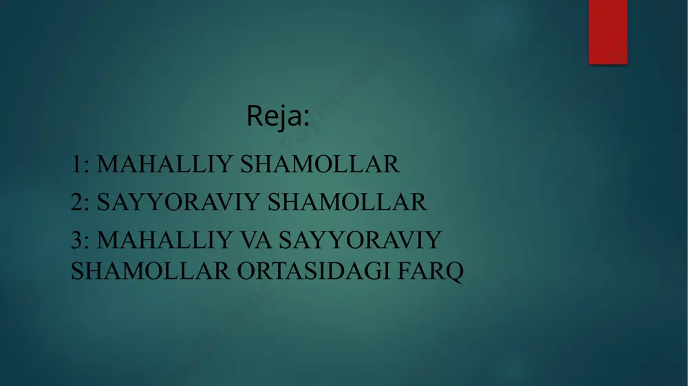 irli davrlarni keltirib chiqaradi. sayyoraviy shamollar insoniyat faoliyatiga va ekologik tizimlarga kuchli ta'sir ko'rsatadigan, muhim tabiiy hodisalar hisoblanadi. ularni tushunish iqlim o'zgarishi va tabiiy ofatlarni oldini olishda muhim ahamiyatga ega. muson shamollari - joylashuvi: janubi-sharqiy osiyo, hindiston va boshqa tropik mintaqalarda. - xususiyatlari: musonlar yillik iqlim o'zgarishlari bilan bog'liq bo'lib, kuz-qish davrida quruq, yozda esa nam va qoshimchasida kuchli yomg'irlar keltiradi. etiboringiz uchun raxmat! image6.png image7.png image8.png image2.png image3.png image4.png image5.png