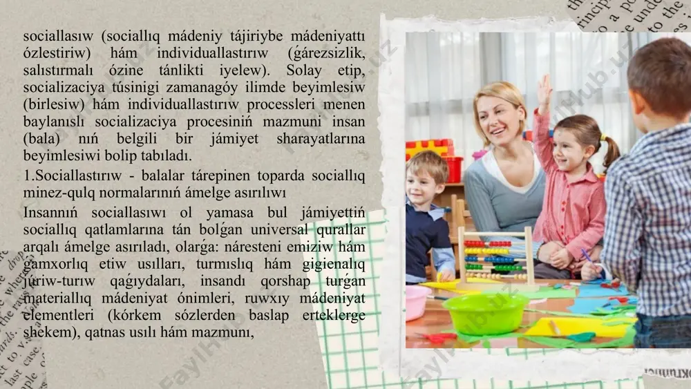 ezsizlik ideyası huqiqiy-normativ baza (qararlar, aktler, buyrıqlar, kórsetpeler, shólkem dúzilmeleri hám t.b.), ▪ sociallıq pedagogikanıń tariyxı hám teoriyası ▪ jaslar dáwiriniń psixologiyası ▪ sociologiya ▪ sociallıq-pedagogikalıq jumıslardı alıp barıw hám rejelestiriw metodları hám t.b. sonday-aq, sociallıq pedagogtan tómendegi qánigelik hám kónlikpelerge iye boliwi talap etiledi: ▪ analitikalıq, yaǵnıy sociumda júz berip atırgan proceslerdi teoriyalıq talqılaw, balanıń ruwxiy dúnyasın ańlay aliw, olardıń mashqalaların sheshiwge baylanıslı birge islesiw iskerligin shólkemlestiriw; ▪ prognostik, yaǵnıy shólkemlestirilgen sociallıq-pedagogikalıq iskerlik boyinsha balanıń mashqalaların sheshiw jolların boljaw; ▪loyihalaw, yagniy sociallıq-pedagogikalıq xizmettiń mazmunın anıqlaw hám rejelestiriw; ▪refleksiv, yaǵnıy sociallıq pedagog óziniń iskerligin talqılap barıwı; ▪ kommunikaciyalıq, yaǵnıy sociallıq pedagogtıń insanlar aralıq qarım-qatnas mádeniyatın iyelewi. ol basqalardıń pikirin esitiw, pikirlesiwge kirisiw, faktler jıynaw sıyaqlı iskerliklerdi óz ishine aladı. ádep-ikramlılıq - insan ziyneti ádep-ikramlı, bilimli, miynetkesh, isenimli perzent ata-anasınıń, al pútkil jámiyettiń eń úlken baylıǵı bolıp esaplanadı. haqıyqatında da, hár bir perzent shaxsı shańaraqta qáliplesedi. sonıń ushın, shańaraqta perzentlerdi ádep-ikramlılıq-huqıqıy …