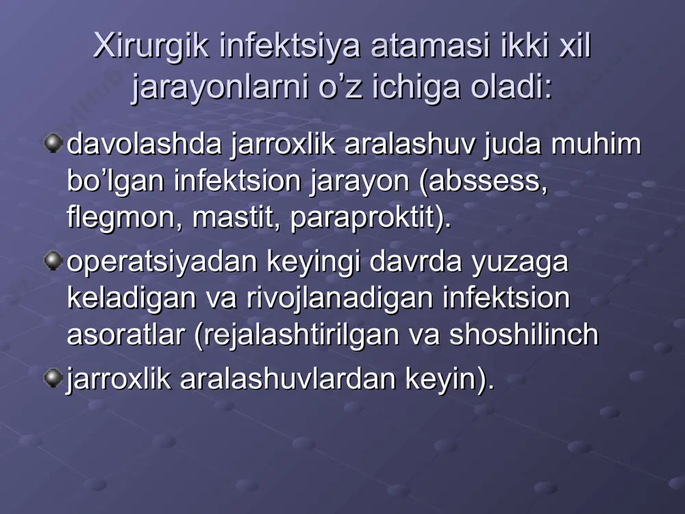 mastitni drenajlash bardengeyer kesmasi (retromammar mastit). oʼtkir yiringli paraproktit (paraproctitis) toʼgʼri ichak atrofidagi kletchatkaning oʼtkir yiringli yalligʼlanishi. klassifikatsiya: etiologik xususiyatga koʼra paraproktit farqlanadi: nospetsifik spetsifik klinik kechishiga koʼra: oʼtkir surunkali qaytalanuvchi surunkali joylashishiga koʼra: teri osti shiliq osti ishiorektal pelьviorektal toʼgʼri ichak devoriga nisbatan: retrorektal yon devor taqasimon 1 – teri osti, 2 - ishiorektal, 3 - pelьviorektal, 4 – shiliq osti. b - retrorektal paraproktit davolash. oʼtkir yiringli paraproktit boʼlsa, jarroxlik davolash koʼrsatiladi. operatsiya umumiy ogʼriqsizlantirish ostida amalga oshiriladi. аmaliyot boskichlari: 1. boʼshliqni punktsiya qilish va yiring aspiratsiyasi 2. abssess boʼshligʼiga 0,5% metilen koʼki eritmasi va 3% vodorod peroksid eritmasi bilan aralashma yuboriladi. 3. rektal kriptalari sohasidagi nuqsonli lokalizatsiyani aniqlash. 4. yiringli boʼshliqni ochish 5. kripta sohasidagi ochilgan jaroxatga chok qoʼyish. gidradenit (hidradenitis) аpokrin ter bezlarining oʼtkir yiringli yalligʼlanishi. kasallik asosan oʼrta yosh odamlarda uchraydi oʼtkir yiringli gidradenit gidradenitni uch bosqichga boʼlish mumkin: birinchi bosqich - bu jarayonda bitta …