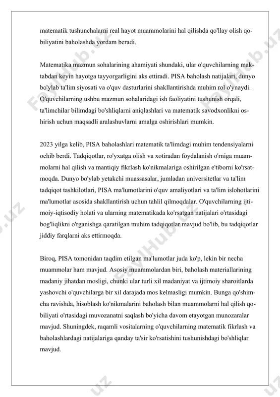 atlarda tatbiq etadilar. loyiha asosida o'qitish, o'quvchilar o'rtasida hamkorlikni rag'batlantiradi va ularning jamoaviy fikrlash qobiliyatlarini rivojlantiradi. ikkinchidan, muammolarni hal qilishda simulyatsiya va o'yinlar kabi interaktiv metodlardan foydalanish ham keng tarqalgan. ushbu yondashuvlar o'quvchilarga matematik masalalarni yechishda yanada qiziqarli va jalb etuvchi muhit yaratadi. masalan, matematik o'yinlar orqali o'quvchilar raqamlar va ularning munosabatlari haqida qiziqarli tarzda bilim olishadi. simulyatsiyalar esa o'quvchilarga nazariy bilimlarni amaliyotda sinab ko'rish imkoniyatini beradi. uchinchidan, muammolarni hal qilishda individual yondashuv ham muhimdir. har bir o'quvchining o'ziga xos o'rganish uslubi va tezligi bor, shuning uchun o'qituvchilar o'quvchilarning ehtiyojlariga mos ravishda darslarni rejalashtirishlari lozim. differensial yondashuvlar, o'quvchilarning qobiliyatlarini hisobga olib, ularning o'z-o'zini rivojlantirishlariga yordam beradi. bu metod yordamida o'quvchilar o'z qobiliyatlarini oshirish va matematik masalalarni hal qilishda o'zlariga mos keladigan usullarni topish imkoniyatiga ega bo'lishadi. shuningdek, texnologiyalarning qo'llanilishi ham muammolarni hal qilish metodlarini boyitadi. raqamli vositalar va dasturiy ta'minotlar, o'quvchilarga matematik masalalarni hal qilish jarayonida yanada ko'proq resurslarni taqdim …