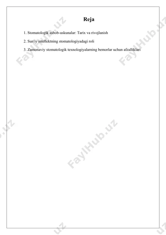 esa shifokorlarga aniqroq natijalar olishda yordam beradi. cad/cam tizimlari esa stomatologlarga mukammal tish ta'mirlarini tez va aniq yaratish imkonini beradi. intraoral skanerlarga kelsak, ular bemorning og'zidan raqamli izlar olish uchun ishlatiladi va an'anaviy qoliplar o'rniga foydalaniladi. zamonaviy stomatologik asbob-uskunalar bemorlar uchun ko'plab afzalliklarni taqdim etadi. ular yordamida stomatologik jarayonlar yanada samarali va aniq amalga oshiriladi, bu esa bemorlar uchun qulaylik va xavfsizlikni oshiradi. biroq, bu sohada hali ham qiyinchiliklar mavjud. masalan, zamonaviy asbob-uskunalar narxi ko'plab stomatologik xizmatlar uchun kirishni cheklaydi, xususan, kam ta'minlangan hududlarda. shuningdek, stomatologlarni zamonaviy texnologiyalardan samarali foydalanishga o'rgatish zarurati ham muhimdir. ushbu tadqiqot zamonaviy stomatologik asbob-uskunalarni o'rganish, sun'iy intellektning stomatologiyadagi rolini aniqlash va zamonaviy stomatologik texnologiyalarning bemorlar uchun afzalliklarini o'rganishga qaratilgan. tadqiqotning maqsadi zamonaviy stomatologik asbob-uskunalarning muhimligini ochib berish, ularning amaliyotdagi o'rnini aniqlash va bemorlar uchun qanday yangi imkoniyatlar yaratishini ko'rsatishdir. umuman olganda, zamonaviy stomatologik asbob-uskunalar va texnologiyalar bemorlar uchun yanada sifatli xizmatlar ko'rsatish imkonini beradi va …