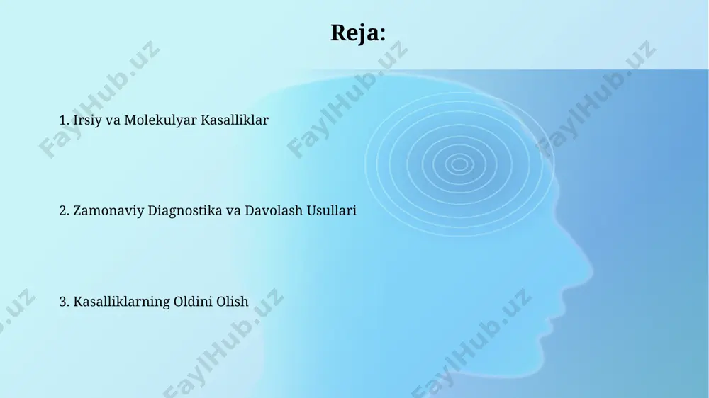 lyar kasalliklarning mexanizmlari gemofiliya a, viii faktor genidagi mutatsiyalar natijasida yuzaga keladi va qon ivish jarayonini buzadi, jahon miqyosida taxminan 400 000 kishi bu kasallikka chalingan, bu genetik terapiyaning rivojlanishini talab qiladi. kistik fibroz kabi o'pka kasalliklarida, cftr genidagi mutatsiyalar tufayli, aqshda taxminan 30 000 kishi ta'sirlanadi, bu esa oqsil sintezi va hujayra ichidagi transport jarayonlarini buzadi. irsiy va molekulyar kasalliklarning mohiyati dnkning 3 milliard bazalar juftligini tahlil qilish orqali, 2023-yildagi tadqiqotlar yordamida genetik kasalliklarning rivojlanishini aniqlash va oldini olish usullarini takomillashtirish mumkin. irsiy kasalliklarning 1000 dan ortiq turi mavjud bo'lib, ularning 70%i bolalik davrida namoyon bo'ladi va dunyo bo'ylab, jumladan o'zbekistonning qishloq hududlarida ham keng tarqalgan. irsiy kasalliklarning oldini olish 2023-yilgi ma'lumotlarga ko'ra, aqshning sog'liqni saqlash tashkilotlari tomonidan o'tkazilgan keng qamrovli skrining dasturlari orqali, 5000 dan ortiq yangi tug'ilgan chaqaloqda fenilketonuriya kabi irsiy kasalliklar aniqlanmoqda va o'z vaqtida davolanish bilan ularning ta'sirini sezilarli darajada kamaytirish mumkin. oilaviy anamnezdagi irsiy …