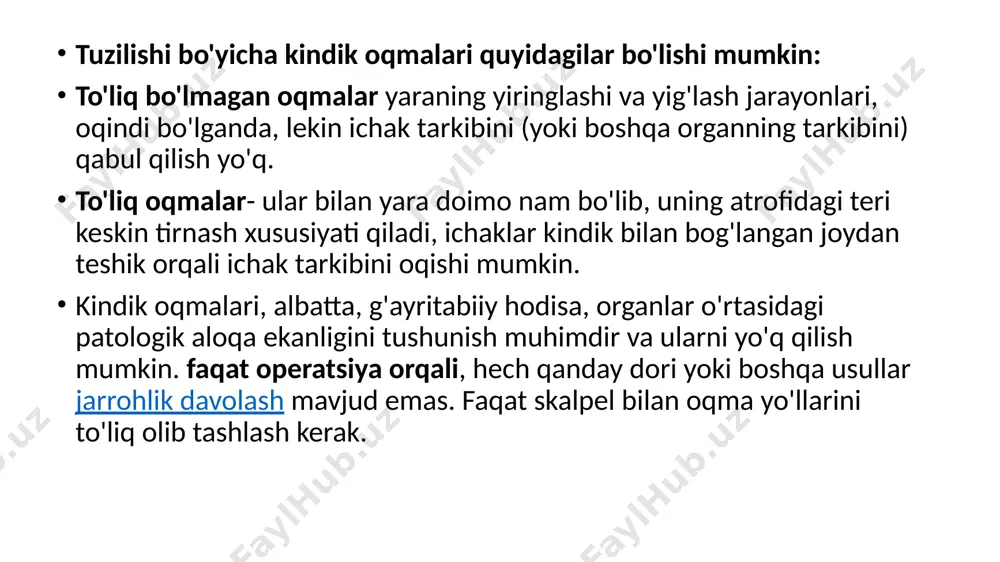 kindik (yoki boshqa organlar va kindik) o'rtasida xabar hosil bo'ladi. shakllangan patologik kanal orqali ichak yoki organning tarkibi tashqariga kiradi. bunday anomaliya o'z-o'zidan yopila olmaydi, qorin bo'shlig'i va terining infektsiyasi xavfini keltirib chiqaradi va asoratlar xavfi yuqori. fistulani (uning kesilishini) yo'q qilish uchun operatsiyani imkon qadar tezroq bajarish muhimdir. fistula kanalining chiqishi (qirrasi) joylashgan omilga qarab, oqmalarni quyidagilarga bo'lish mumkin. ichki va tashqi. kattaroq bolalar va kattalarda kindik oqmalari odatda qorin old devorida uzoq davom etadigan, og'ir va doimiy yallig'lanish bilan bog'liq. bundan tashqari, ular kindik yarasi orqali yiringli massalar chiqishi bilan ochilgan sohada rivojlanishi mumkin. umbilikal mintaqada shilliq qavatni topish mumkin, u qon oqadi va patologik fistuloz yo'lning qoplamasini hosil qiladi. bolalarda kindik oqmalarining variantlari, ularning xususiyatlari bolalikda eng ko'p uchraydigan oqmalar kindik-ichak va kindik-vesikal oqmalar. bu kindik yarasi va ichak o'rtasidagi patologik oqma yoki kindik devori va siydik pufagi. yangi tug'ilgan chaqaloqlarda ularning kelib chiqishi biroz boshqacha, biz …