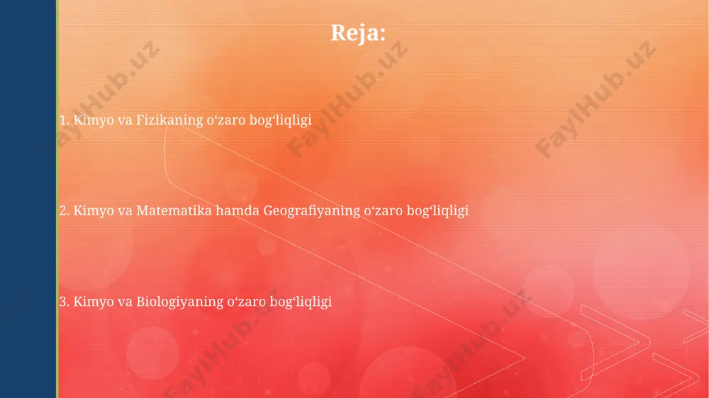 r ko'rsatadi. kimyoviy ob-havo modellari, masalan, atmosfera ifloslanishi va kislotali yomg'irni bashorat qilishda 10 dan ortiq kimyoviy reaksiyalarni va geografik joylashuv ma'lumotlarini birlashtiradi. kimyo va fizikaning oʻzaro bogʻliqligi atom va molekulalarning tuzilishi va xususiyatlarini tushunish uchun kvant mexanikasi va 3d modellashtirish kabi fizik metodlar qo'llaniladi, bu esa kimyoviy bog'lanishning kuchini va uzunligini aniqlashga yordam beradi. kimyoviy reaksiyalarni tavsiflashda fizikaning asosiy qonunlari, masalan, energiya saqlanish qonuni va termodinamikaning birinchi qonuni, muhim rol o'ynaydi, bu jarayonlarning 100% samaradorligini hisoblash imkonini beradi. kimyoviy tadqiqotlarning kelajagi kvant kimyosi va nanotexnologiyalar sohasidagi yutuqlar natijasida 5-10 yil ichida yangi avlod materiallarini yaratish mumkin boʻladi. kimyoviy modellashtirish va sunʼiy intellekt yordamida 1000 dan ortiq yangi birikmalarni kashf etish va ularning xossalarini bashorat qilish imkoniyati paydo boʻladi. e'tiboringiz uchun rahmat @taqdimot_robot image4.jpg image5.jpg image6.jpg image7.jpg image8.jpg image9.jpg image2.png image3.png