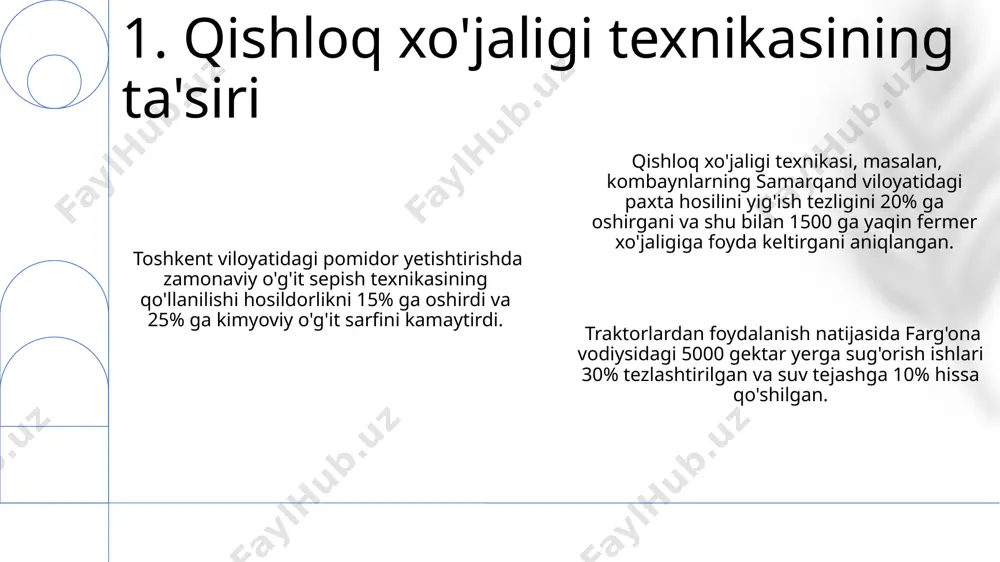 istonning andijon viloyatida 200 dan ortiq turdagi traktorlar, jumladan, 150 ot kuchiga ega "belarus" rusumli traktorlar va 80 ot kuchiga ega mahalliy ishlab chiqarilgan "o'zbekiston" traktorlari qo'llaniladi. surxondaryo viloyatidagi dehqon xo'jaliklarida 50 ga yaqin turdagi sug'orish tizimlari, jumladan, tomchilab sug'orish va dastgoh sug'orish tizimlari samarali qo'llanilmoqda, bu esa suv resurslaridan tejashga yordam beradi. 7. qishloq xo'jaligi texnikalari turlari e'tiboringiz uchun rahmat @taqdimot_robot image1.png image2.png image3.png image4.png image5.png image6.png image7.png image8.png