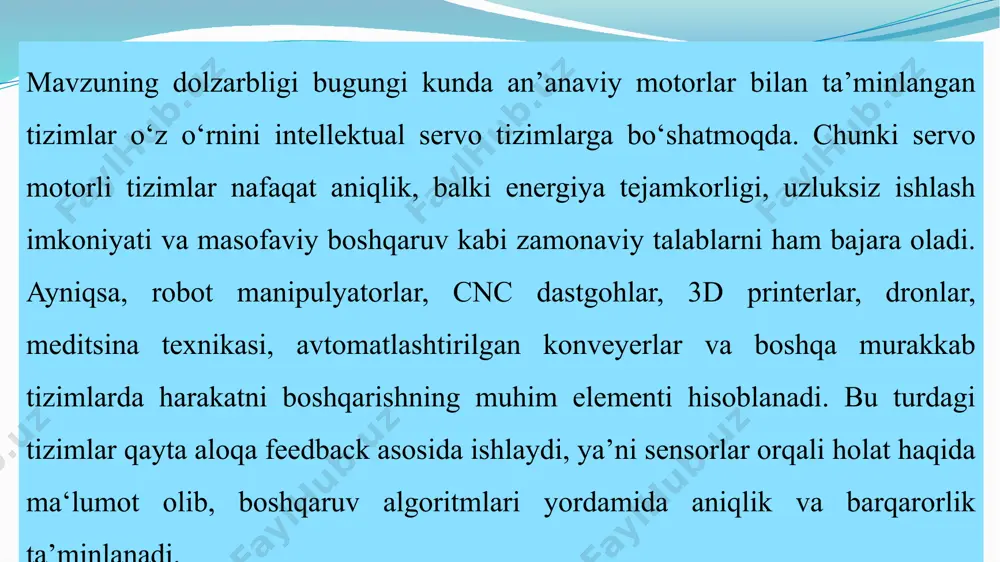 lash imkoniyati 3. moslashuvchanlik va kengaytirish imkoniyati 4. avtomatlashtirish imkoniyati 5. ma’lumotlarni saqlash va qayta ishlash 6. masofadan boshqarish va monitoring kamchiliklari: 1. murakkablik 2. kechikish 3. xarajat 4. quvvat sarfi 5. nosozlikni tashxislash murakkabliligi sul pid boshqaruv afzalligi va kamchiligi afzalliklari: 1. oddiylik va universal qo‘llanilishi 2. moslashuvchanlik 3. stabilizatsiya va aniqlik 4. tizim tezligini boshqarish 5. amaliy jihatdan sinovdan o’tgan kamchiliklari: 1. noaniqlik va o‘zgaruvchan tizimlar uchun mos emas 2. moslash uchun vaqt va tajriba kerak 3. ortacha tebranish va ortiqcha boshqaruv harakatlari 4. integratsion to‘yinganlik (integral wind-up) 5. murakkab nolinear tizimlar uchun yetarli emas analog boshqaruv tizimi afzalliklari va kamchiliklari afzalliklari: 1. oddiylik 2. real vaqt rejimida ishlash 3. tezkor javob 4. narxi arzon 5. shovqinli muhitda ishlash kamchiliklari: 1. aniqlilik past 2. moshlashuvchanlik past 3. masshtablash qiyinligi 4. ma’lumotlarni saqlash imkoniyati yo`q 5. nosozlikni aniqlash va tuzatish qiyin 6. uzluksiz ishonchlilik algoritmli boshqaruv tizimi afzalliklari va …