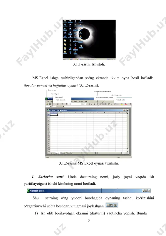ft office paketidagi asosiy vositalardan biri jadval protsessori deb ataluvchi ms excel dasturidir. ms excel – elektron jadvallarni tayyorlash, formulalar va funksiyalar yordamida hisob-kitoblarni amalga oshirish, ma’lumotlarni grafik tasvirlash kabi masalalarni hal etishga mo’ljallangan dastur. inson o‘z ish faoliyati davomida ko‘pincha biror kerakli ma’lumot olish uchun bir xil, zerikarli, ba’zida esa, murakkab bo‘lgan hisoblash ishlarini bajarishga majbur bo‘ladi. ms excel dasturi mana shunday ishlarni osonlashtirish va qiziqarliroq qilish maqsadida ishlab chiqilgan. ms excel dagi barcha ma’lumotlar jadval ko‘rinishida namoyon bo‘lib, bunda jadval kataklarining ma’lum qismiga boshlang‘ich va birlamchi ma’lumotlar kiritiladi. boshqa qismlari esa har xil arifmetik amallar va boshlang‘ich ma’lumotlar ustida bajariladigan turli amallar natijalaridan iborat bo‘lgan ma’lumotlardir. elektron jadval kataklariga uch xil ma’lumotlarni kiritish mumkin: – matnni; sonlarni; sanani; formulalarni. matn – harflar, raqamlar, belgilar ketma-ketligidan iborat. son – raqamlar ketma-ketligi (zarur hollarda ishora va o’nli vergul ham ishlatilishi mumkin). sana – joriy sana. formulalar – kiritilgan sonli qiymatlar …