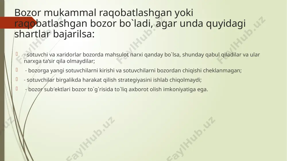 atli oraliqda ishlab chiqarish hajmini aniqlash va foydani maksimallashtirish raqobatlashuvchi firmaning ishlab chiqarish omillari narxining oshishiga aks ta’siri. raqobatlashgan bozorda harakat qilayotgan firma ishlab chiqarish omillaridan birining narxi oshganda qanday qaror qabul qilishini ko`rib chiqamiz. bozordagi narx p va firmaning boshlang`ich (ishlab chiqarish omillari narxi o`zgarmagandagi) chekli xarajati mc1 va firma foydasini maksimallashtiruvchi ishlab chiqarish hajmi q1 bo`lsin deylik (12.2-rasm). raqobatlashgan bozorda faoliyat ko`rsatayotgan firma foydasini maksimallashtirish (muvozanat holati) sharti deyiladi, ya′ni raqobatlashuvchi firmaning chekli mahsulot qoidasini ifodalaydi. ushbu qoidaga ko`ra firma mahsulot ishlab chiqarish hajmini chekli xarajat narxga teng bo`lgunga qadar oshirishi mumkin. demak, mc < p bo`lsa, ishlab chiqarishni oshirish mumkin va bu oshirish mc = p bo`lguncha davom etishi kerak. raqobatlashgan firma foydasini maksimallashtirish sharti yordamida biz firmaning muvozanat holatini belgilovchi nuqtani grafik orqali aniqlashimiz mumkin (12.4-rasm) rasmda e nuqta raqobatlashuvchi firmaning qisqa muddatli oraliqdagi muvozanat holatini ifodalaydi. bu nuqtada bo`lib, ushbu nuqtada firma foydani maksimallashtiradigan ishlab …