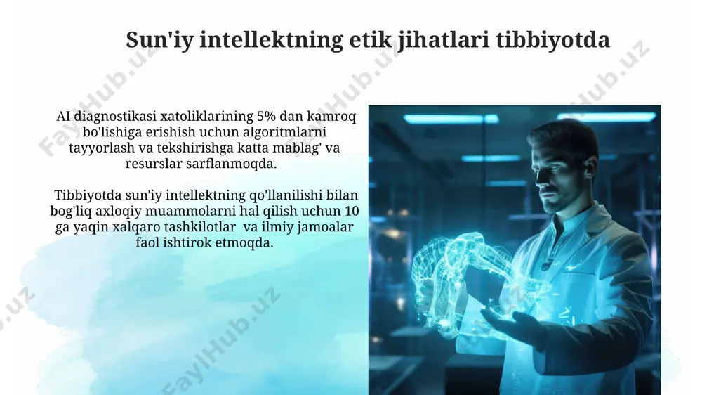 bbiy tarixi, genetik ma'lumotlari va diagnostika natijalarini tahlil qilib, 90% gacha aniqlik bilan davolash rejalarini shaxsiylashtirishi mumkin. sun'iy intellekt, bemorning individual xususiyatlarini hisobga olgan holda, muqobil davolash usullarini taklif qilib, muvaffaqiyat ehtimolini 15% ga oshirishi mumkin. bemorlarni kuzatish va monitoring qilishda sun'iy intellekt sun'iy intellekt asosida ishlaydigan tizimlar bemorlarning 90% gacha bo'lgan yurak-qon tomir kasalliklari xavfini oldindan aniqlashga qodir, bu erta diagnostika va davolashni ta'minlaydi. aqlli tibbiyot asboblari va kiyiladigan sensorlar yordamida to'plangan real vaqt ma'lumotlari bemorlarning holatini doimiy monitoring qilishni va shifokorlarga 24/7 real vaqtda ma'lumot berishni ta'minlaydi. diagnostika va prognozlashda sun'iy intellekt ai algoritmlari 1000 dan ortiq tibbiy maqolalarni tahlil qilib, bemorning kasallik rivojlanishini bashorat qilish ehtimolini 85% gacha oshirishi mumkin. sun'iy intellekt yordamida tibbiy tasvirlarni (rentgen, kt, mrt) tahlil qilish aniqligi 90% dan oshib, diagnostika vaqti 30% ga qisqaradi. e'tiboringiz uchun rahmat @taqdimot_robot image2.jpg image3.jpg image4.jpg image5.jpg image6.jpg image7.jpg image8.jpg image9.jpg image10.jpg image11.jpg image12.jpg image13.jpg image14.jpg image15.jpg …