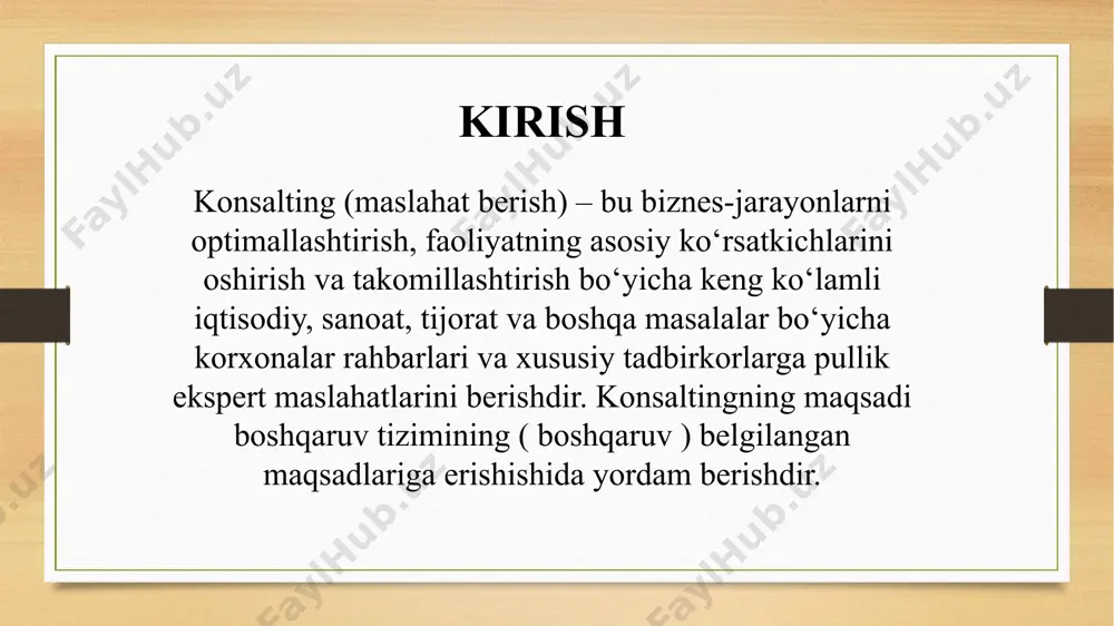 yatini amalaga oshirish jarayonida vujudga keladigan turli savollarga yoki kishining o'zini qiziqtirgan konsaltingning maqsadlari va vazifalari konsalting firmalari bozorni o‘rganish va prognozlash (tovar, xizmatlar, qimmatli qog‘ozlar litsenziyalari), narxlar; turli obyektlarning texnik-iqtisodiy asoslarini ishlab chiqish; marketing tadqiqotlarini o‘tkazish; eksport strategiyasini ishlab chiqish kabi xizmatlarni ko‘rsatadi. konsalting xizmati, shuningdek, yangi tashkilotlarni yaratish uchun ta’sis hujjatlari paketlarini tayyorlashdan iborat bo‘lishi mumkin. hozirgi kunda jamiyat hayotining turli yo'nalishlarida turli maslahat va konsalting xizmatlari ko'rsatilmoqda. har bir shaxs va xar bir korxona turli vaziyatlarda o'ziga kerakli bo'lgan natijalarga erishish va o'z faoloiyatini rivojlantirish uchun u yoki bu sohadagi ishonchli ma'lumotlarga, tegishli tushuntirish va qo'llab-quvvatlashlarga ehtiyoj sezadi. o'z faolityatini rivojlantirish va mavjud muammmolarga yechim berish o'z navbatida tegishli bilim va ko'nikmalarga ega bo'lish, yohud kerakli bilim va ko'nikmalarga ega bo'lgan shaxslar xizmatidan foydalanish zaruratini yuzga chiqaradi. xulosa konsalting usuli tashkilotlarga muammolarni hal qilishda, samaradorlikni oshirishda va yangi strategiyalar ishlab chiqishda katta yordam beradi. uning asosiy afzalliklari …